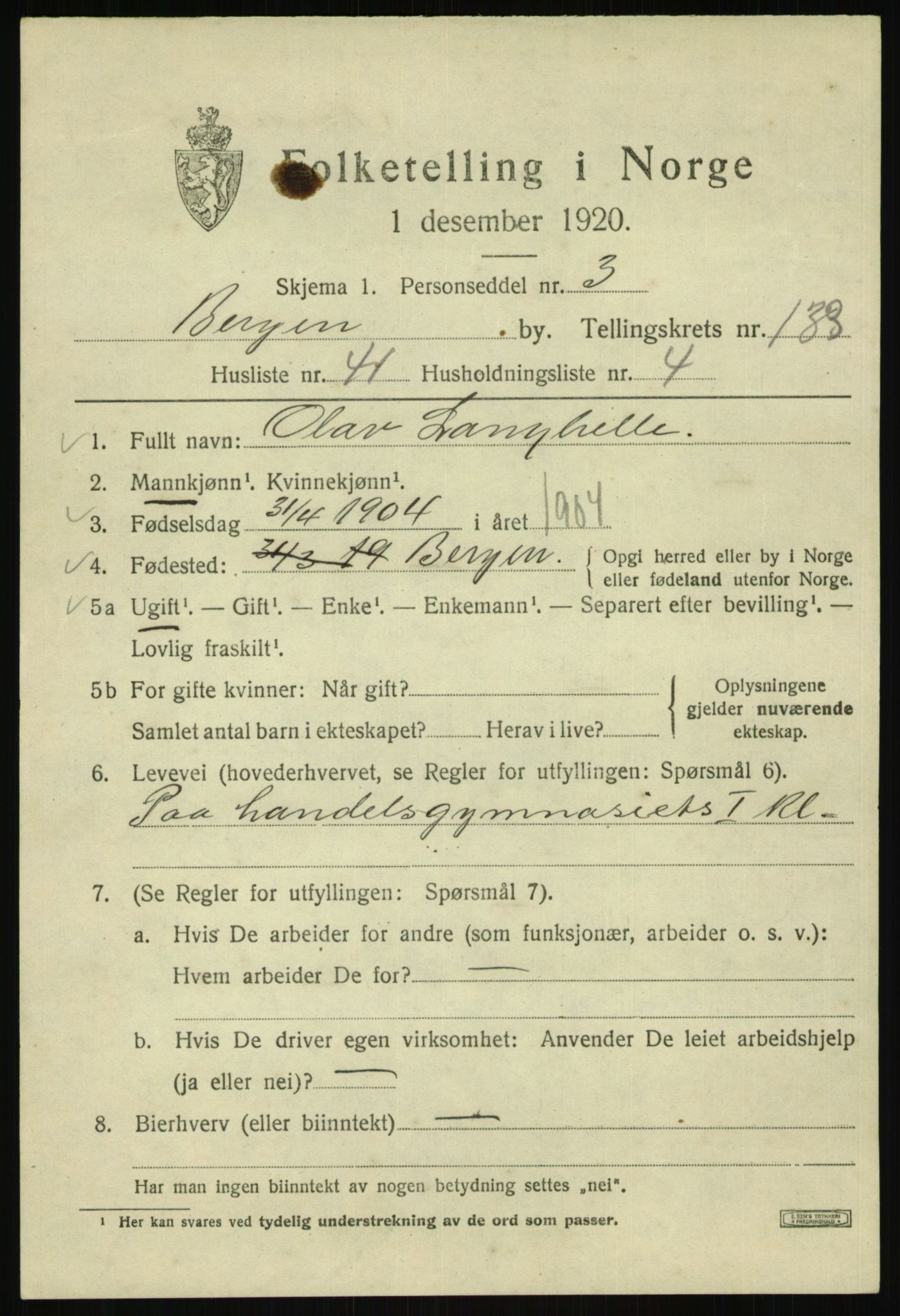 SAB, 1920 census for Bergen, 1920, p. 224823