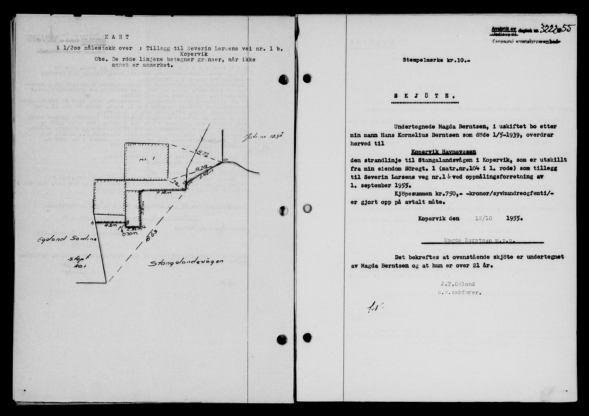 Karmsund sorenskriveri, SAST/A-100311/01/II/IIB/L0117: Mortgage book no. 97Aa, 1955-1955, Diary no: : 3222/1955