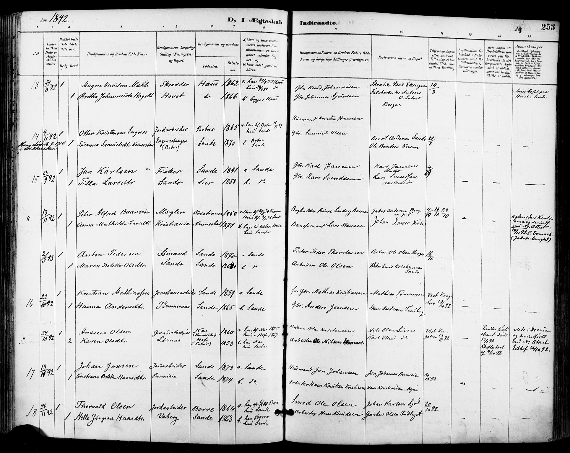 Sande Kirkebøker, AV/SAKO-A-53/F/Fa/L0007: Parish register (official) no. 7, 1888-1903, p. 253