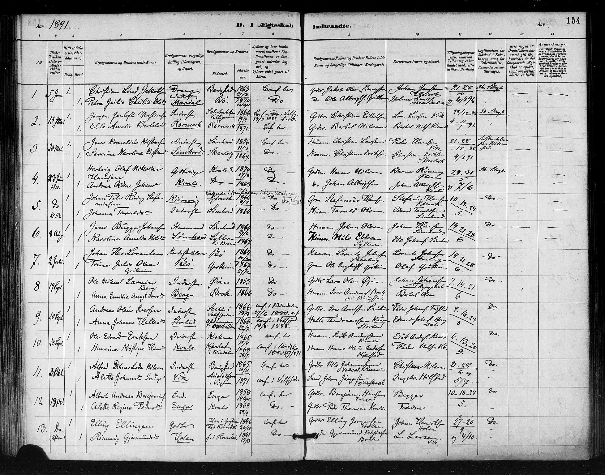 Ministerialprotokoller, klokkerbøker og fødselsregistre - Nordland, SAT/A-1459/812/L0178: Parish register (official) no. 812A07, 1886-1900, p. 154