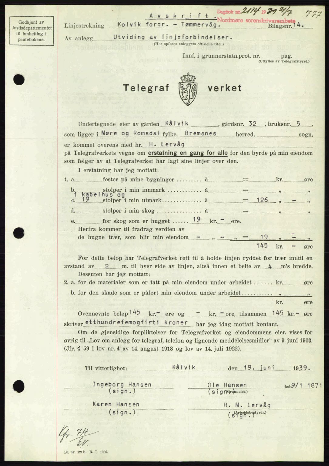 Nordmøre sorenskriveri, AV/SAT-A-4132/1/2/2Ca: Mortgage book no. B85, 1939-1939, Diary no: : 2114/1939