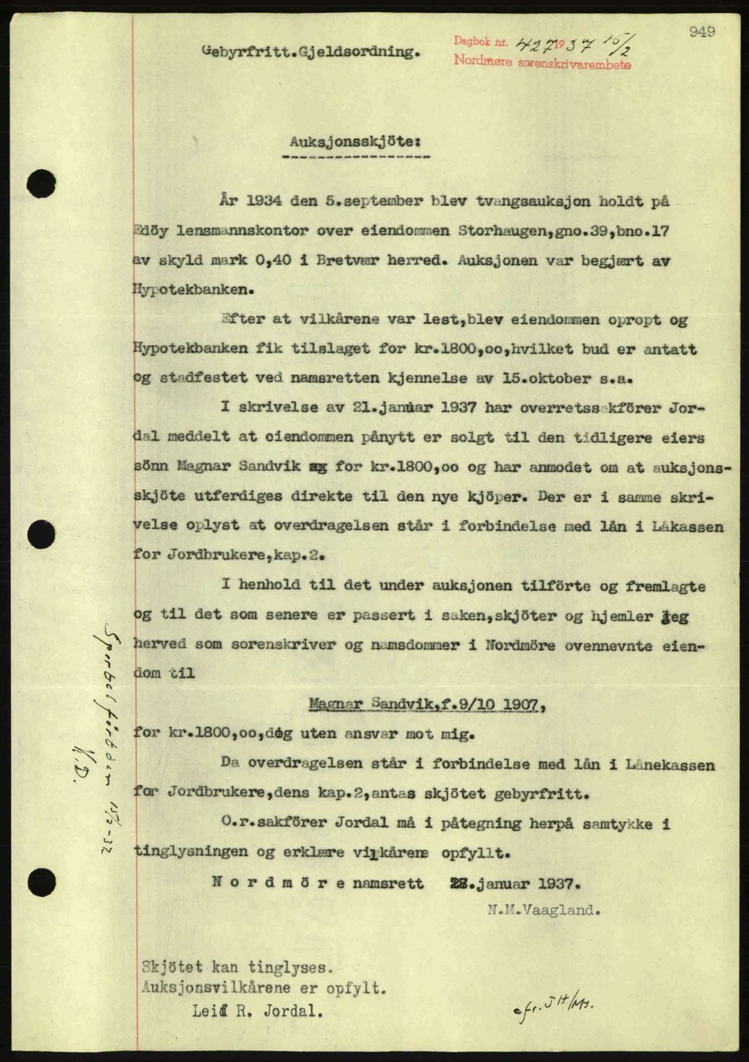 Nordmøre sorenskriveri, AV/SAT-A-4132/1/2/2Ca: Mortgage book no. A80, 1936-1937, Diary no: : 427/1937