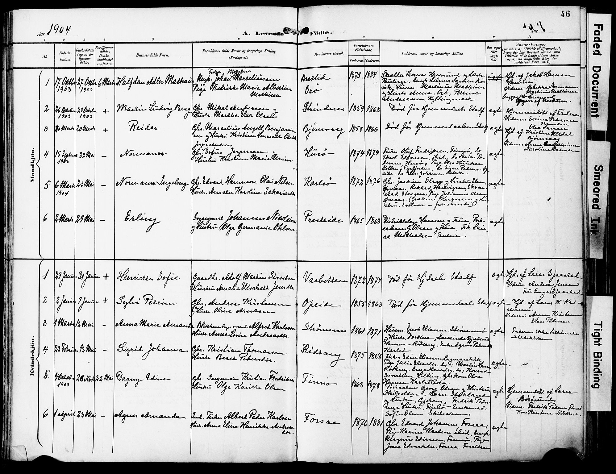 Ministerialprotokoller, klokkerbøker og fødselsregistre - Nordland, AV/SAT-A-1459/859/L0848: Parish register (official) no. 859A08, 1900-1912, p. 46
