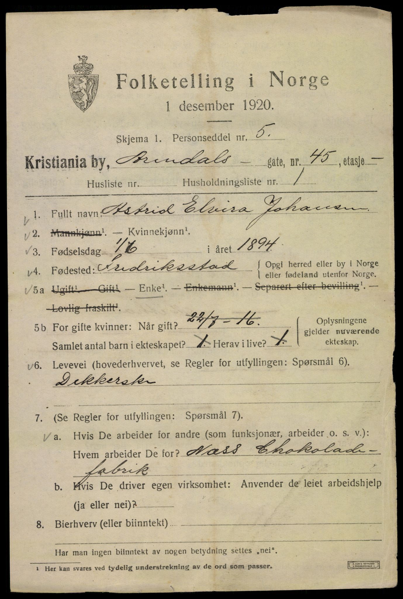 SAO, 1920 census for Kristiania, 1920, p. 145009