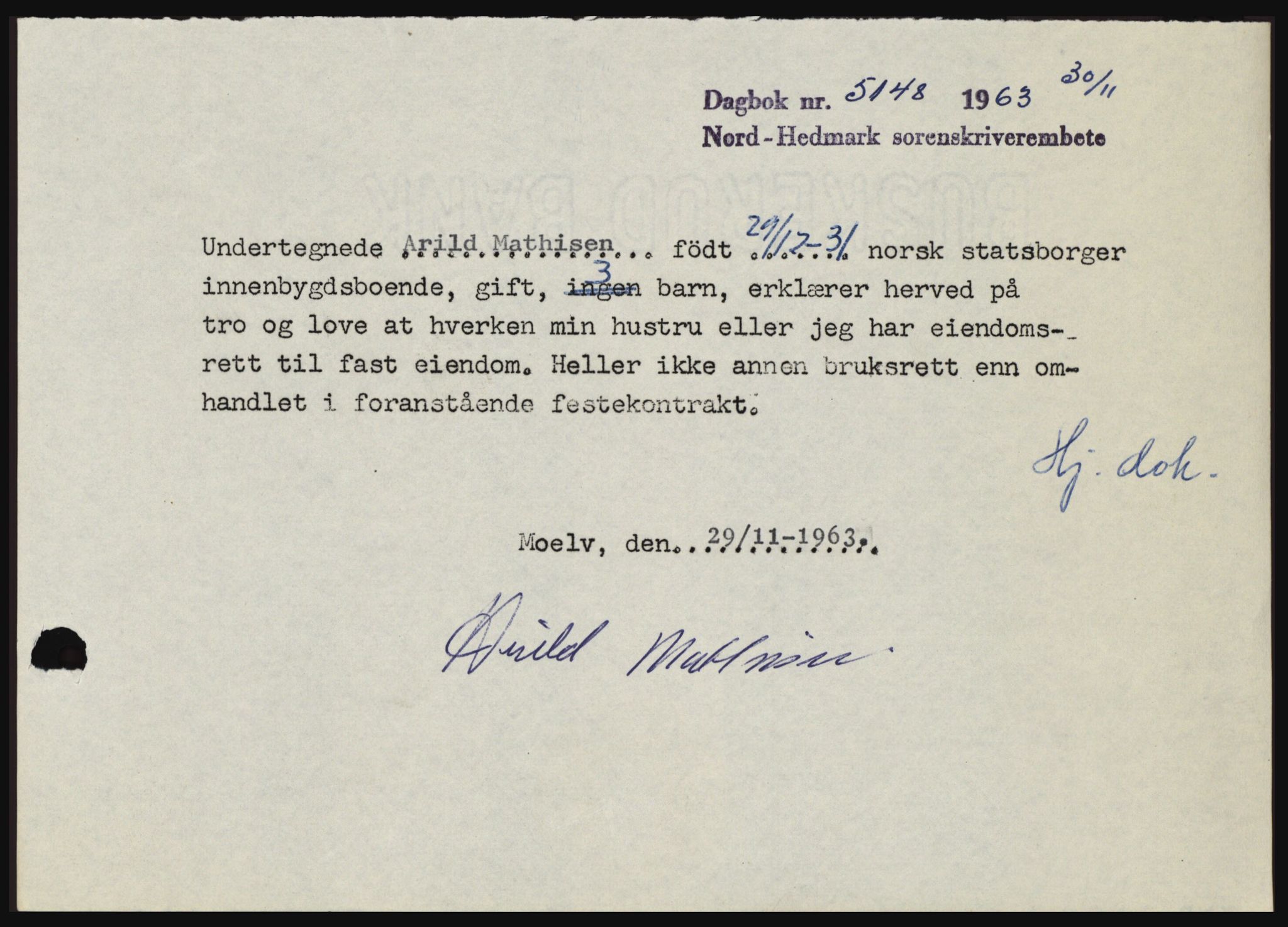 Nord-Hedmark sorenskriveri, SAH/TING-012/H/Hc/L0019: Mortgage book no. 19, 1963-1964, Diary no: : 5148/1963