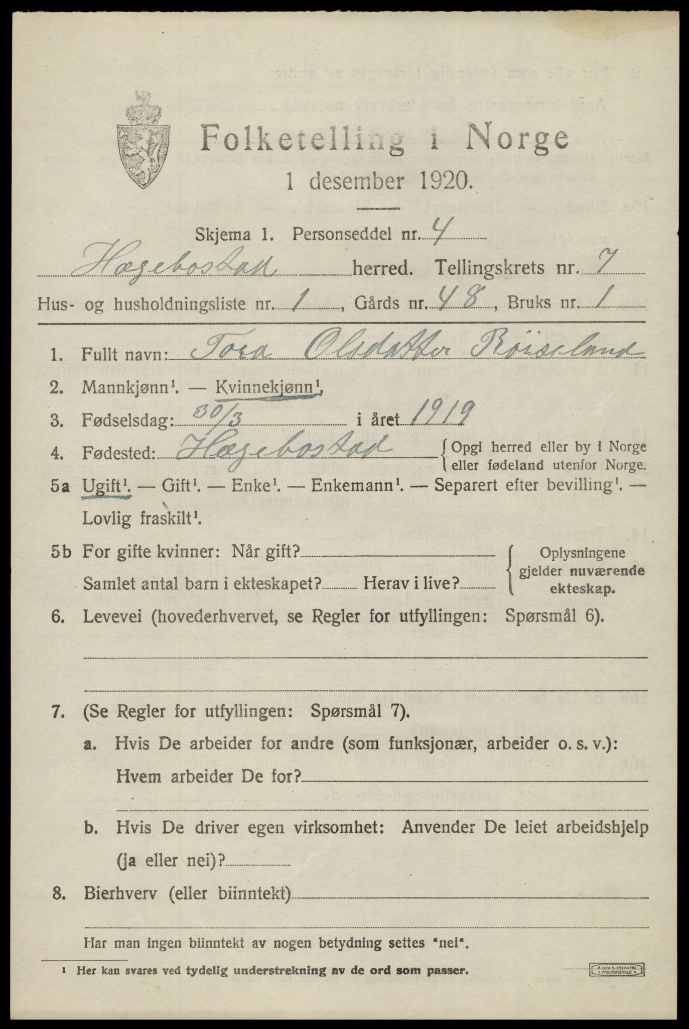 SAK, 1920 census for Hægebostad, 1920, p. 2115
