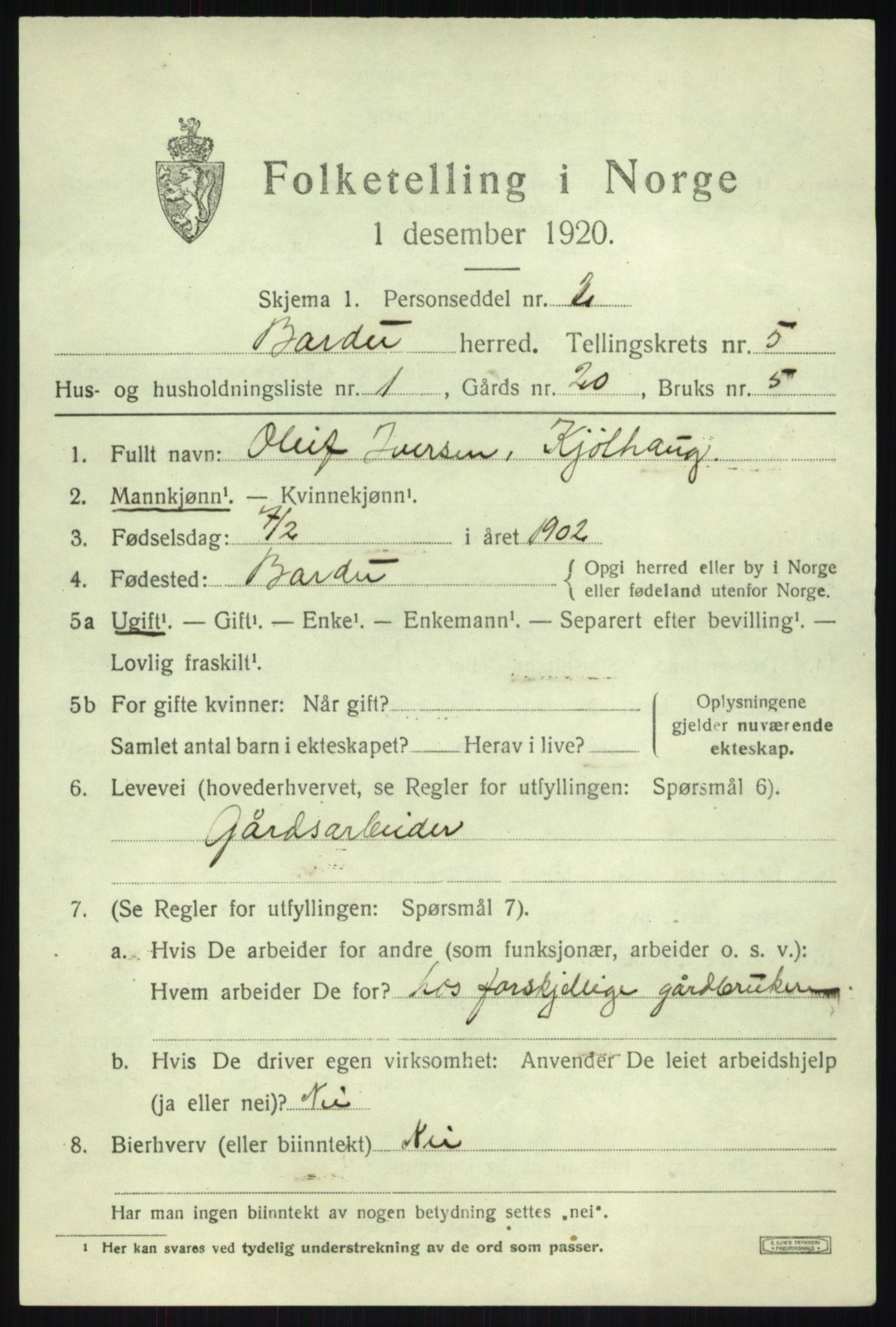 SATØ, 1920 census for Bardu, 1920, p. 2133