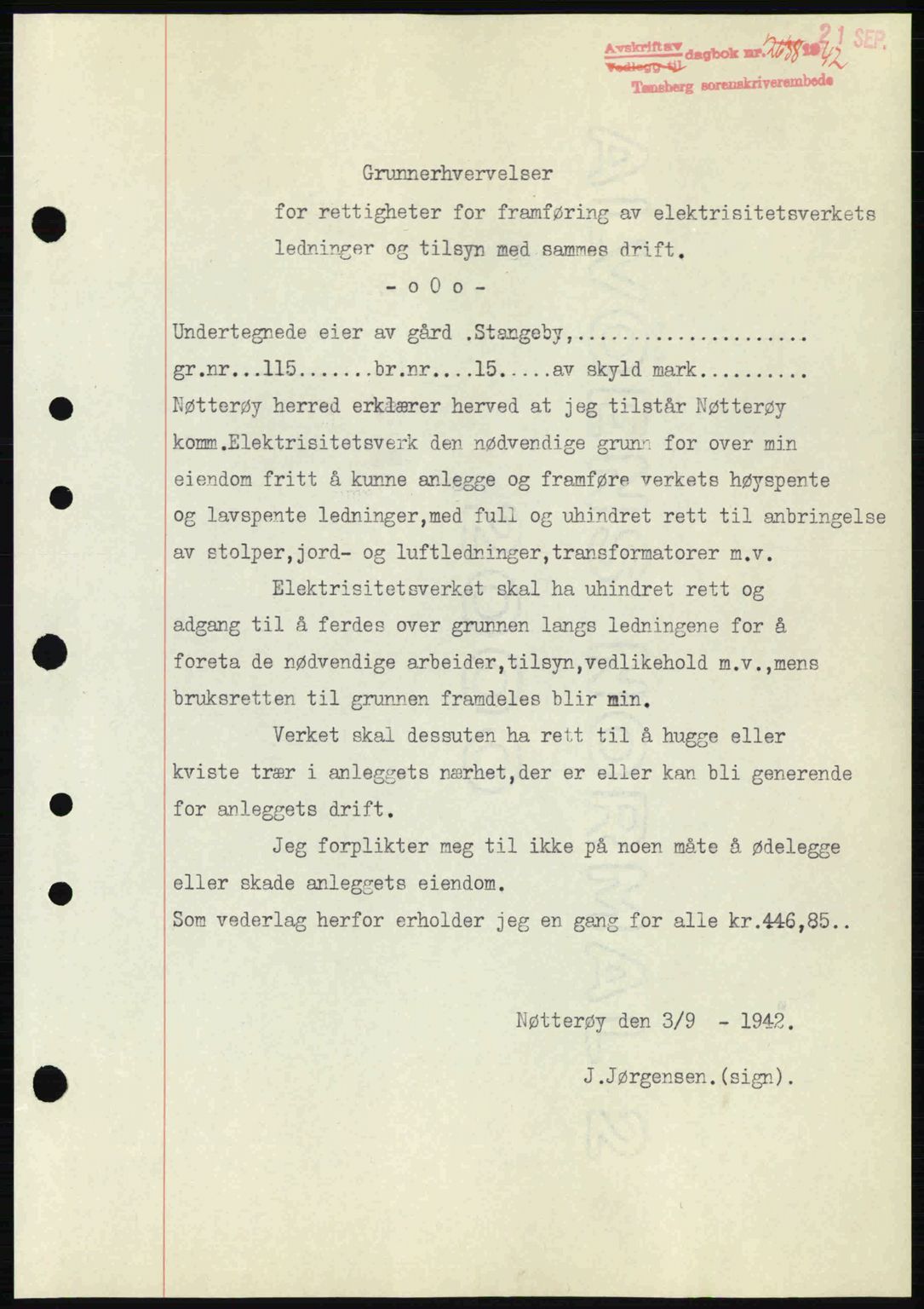 Tønsberg sorenskriveri, AV/SAKO-A-130/G/Ga/Gaa/L0012: Mortgage book no. A12, 1942-1943, Diary no: : 2638/1942