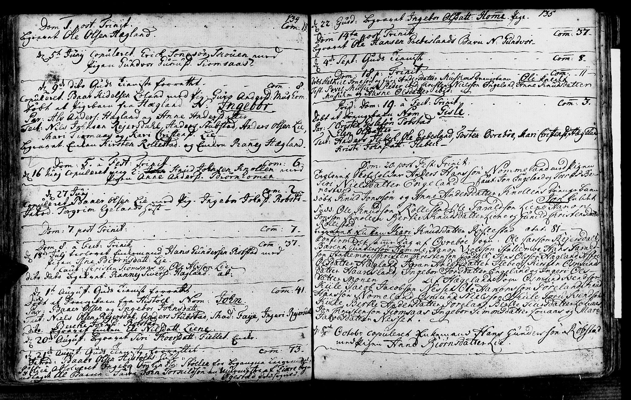 Vennesla sokneprestkontor, AV/SAK-1111-0045/Fa/Fac/L0001: Parish register (official) no. A 1, 1743-1784, p. 134-135