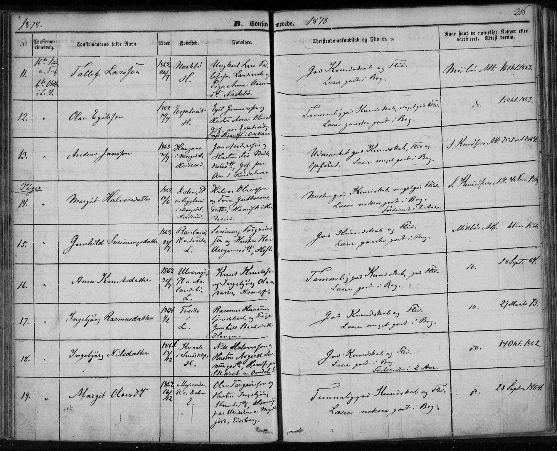 Lårdal kirkebøker, AV/SAKO-A-284/F/Fa/L0006: Parish register (official) no. I 6, 1861-1886, p. 216