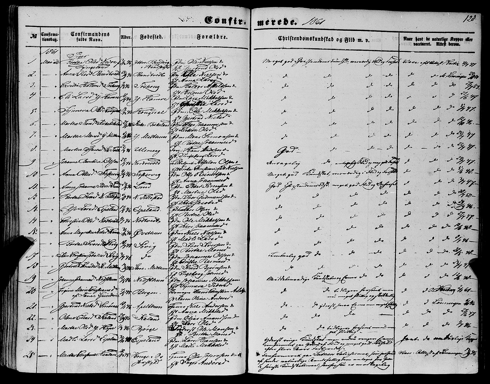 Fana Sokneprestembete, SAB/A-75101/H/Haa/Haaa/L0011: Parish register (official) no. A 11, 1851-1862, p. 128