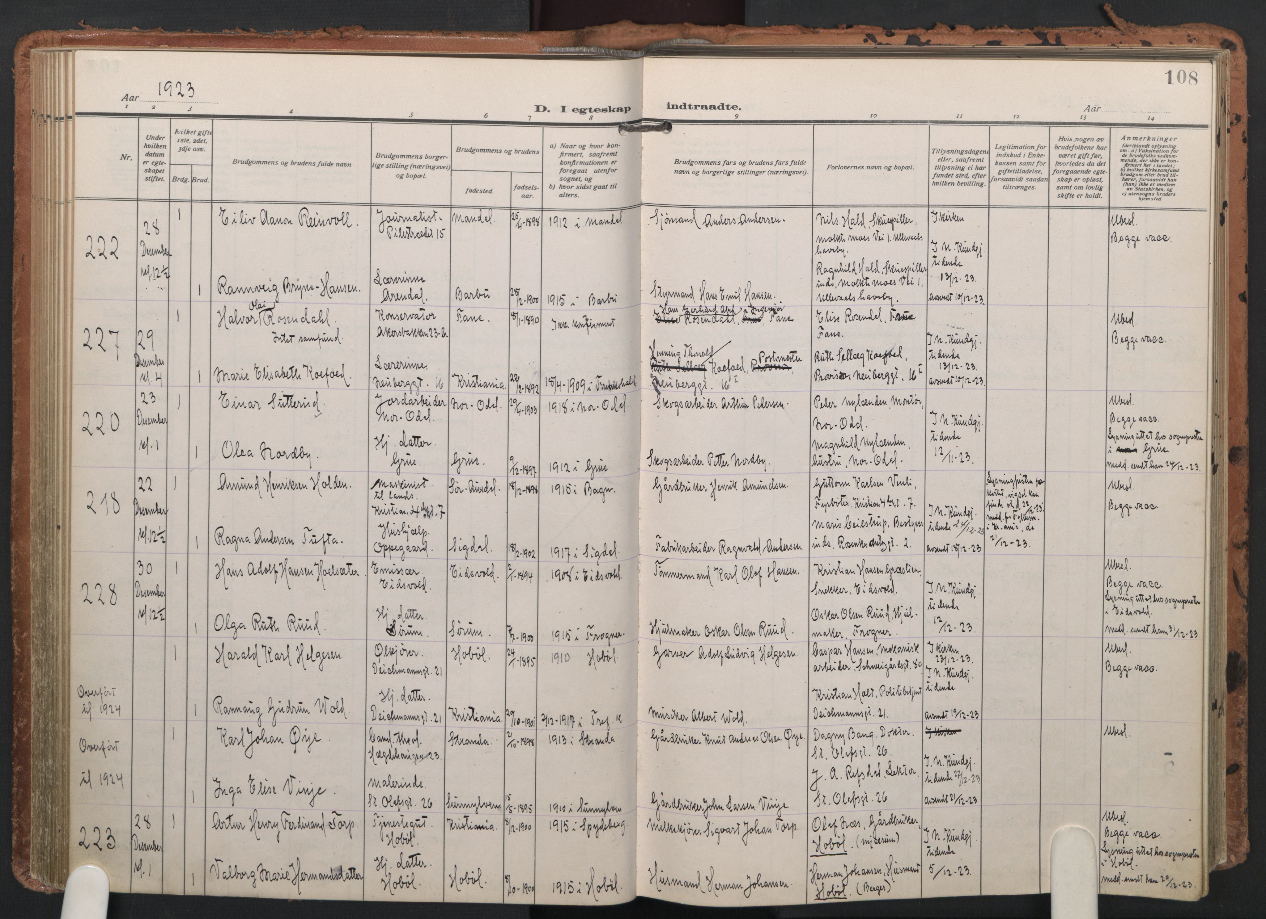 Trefoldighet prestekontor Kirkebøker, SAO/A-10882/F/Fc/L0008: Parish register (official) no. III 8, 1920-1932, p. 108