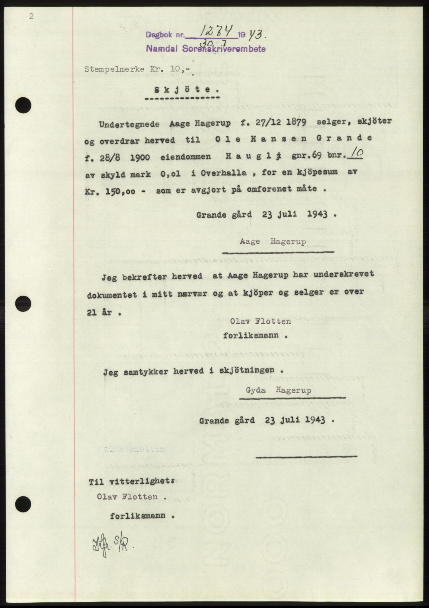 Namdal sorenskriveri, SAT/A-4133/1/2/2C: Mortgage book no. -, 1943-1944, Diary no: : 1274/1943