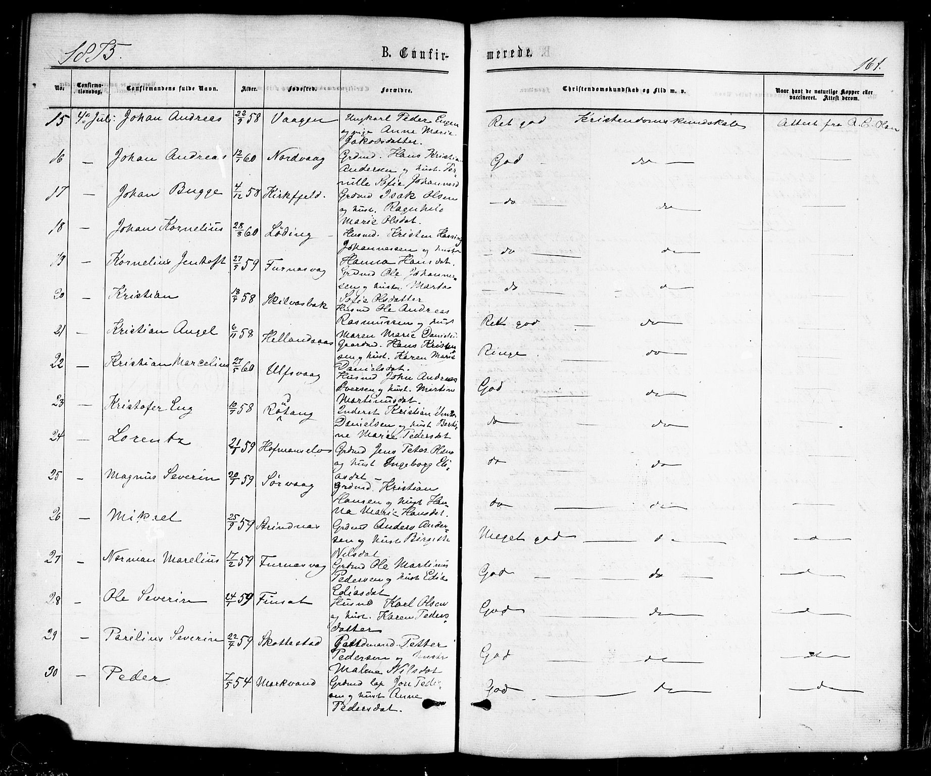 Ministerialprotokoller, klokkerbøker og fødselsregistre - Nordland, SAT/A-1459/859/L0845: Parish register (official) no. 859A05, 1863-1877, p. 161