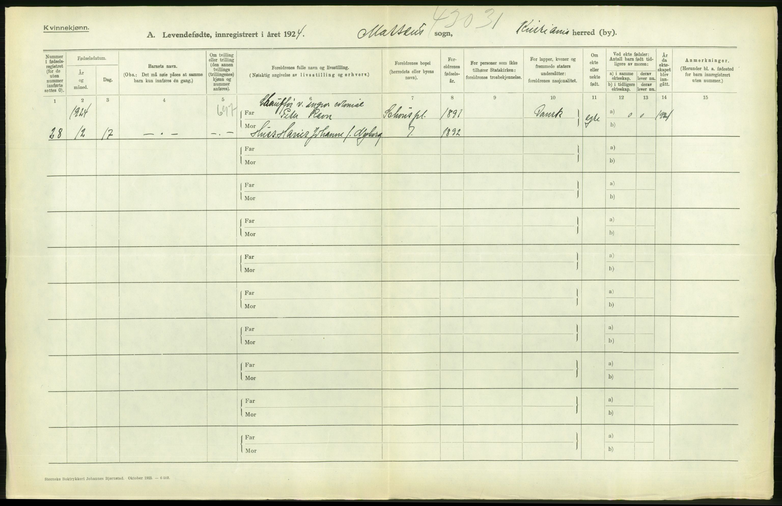 Statistisk sentralbyrå, Sosiodemografiske emner, Befolkning, AV/RA-S-2228/D/Df/Dfc/Dfcd/L0006: Kristiania: Levendefødte kvinner., 1924, p. 520