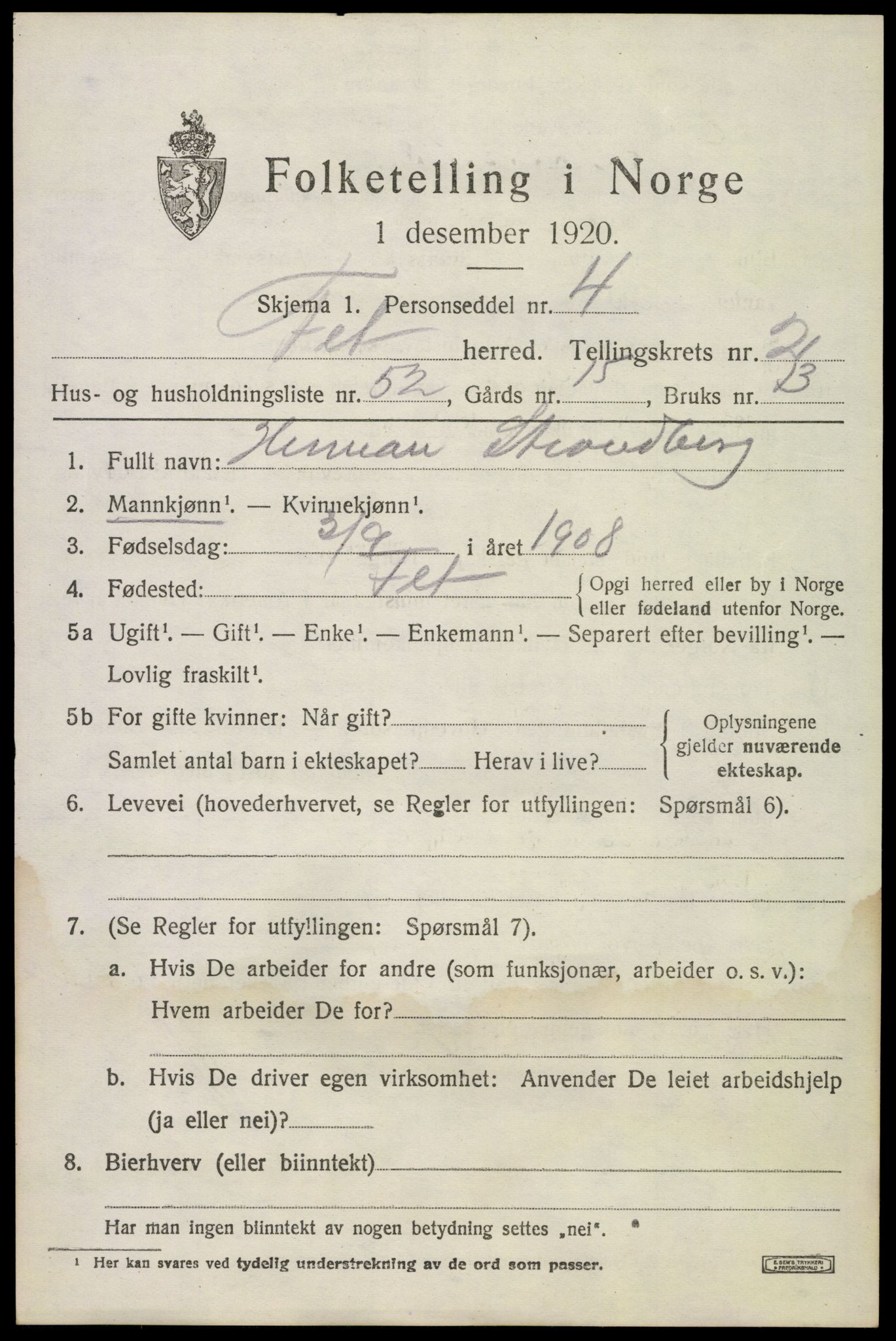 SAO, 1920 census for Fet, 1920, p. 3556