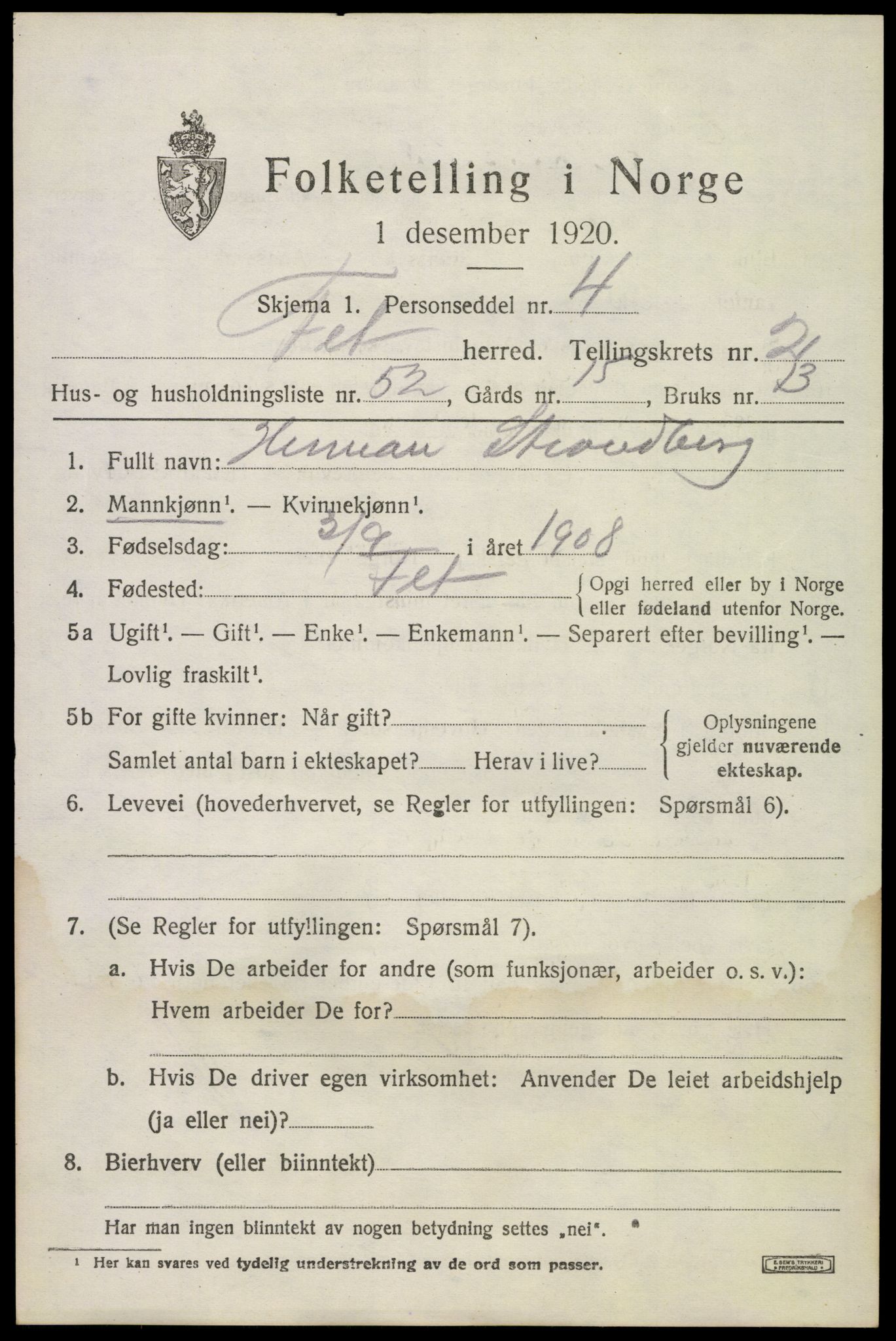 SAO, 1920 census for Fet, 1920, p. 3556