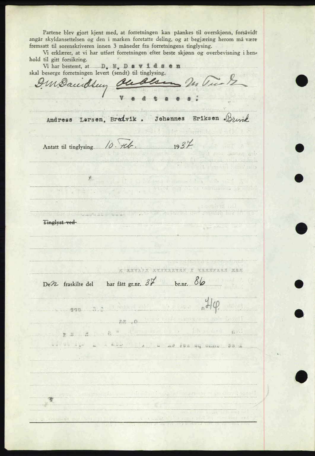 Midhordland sorenskriveri, SAB/A-3001/1/G/Gb/Gbk/L0001: Mortgage book no. A1-6, 1936-1937, Diary no: : 464/1937
