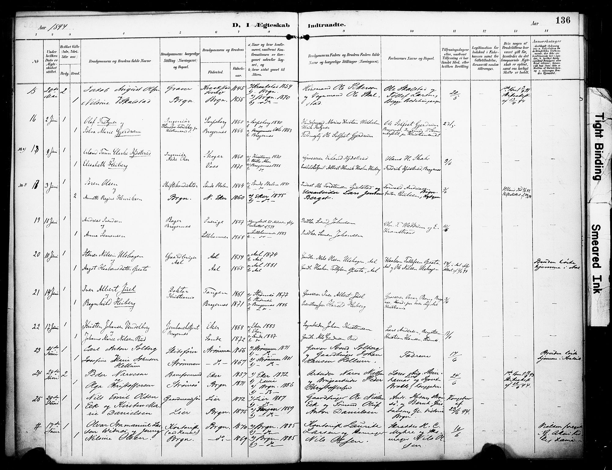 Bragernes kirkebøker, AV/SAKO-A-6/F/Fc/L0006: Parish register (official) no. III 6, 1888-1899, p. 136