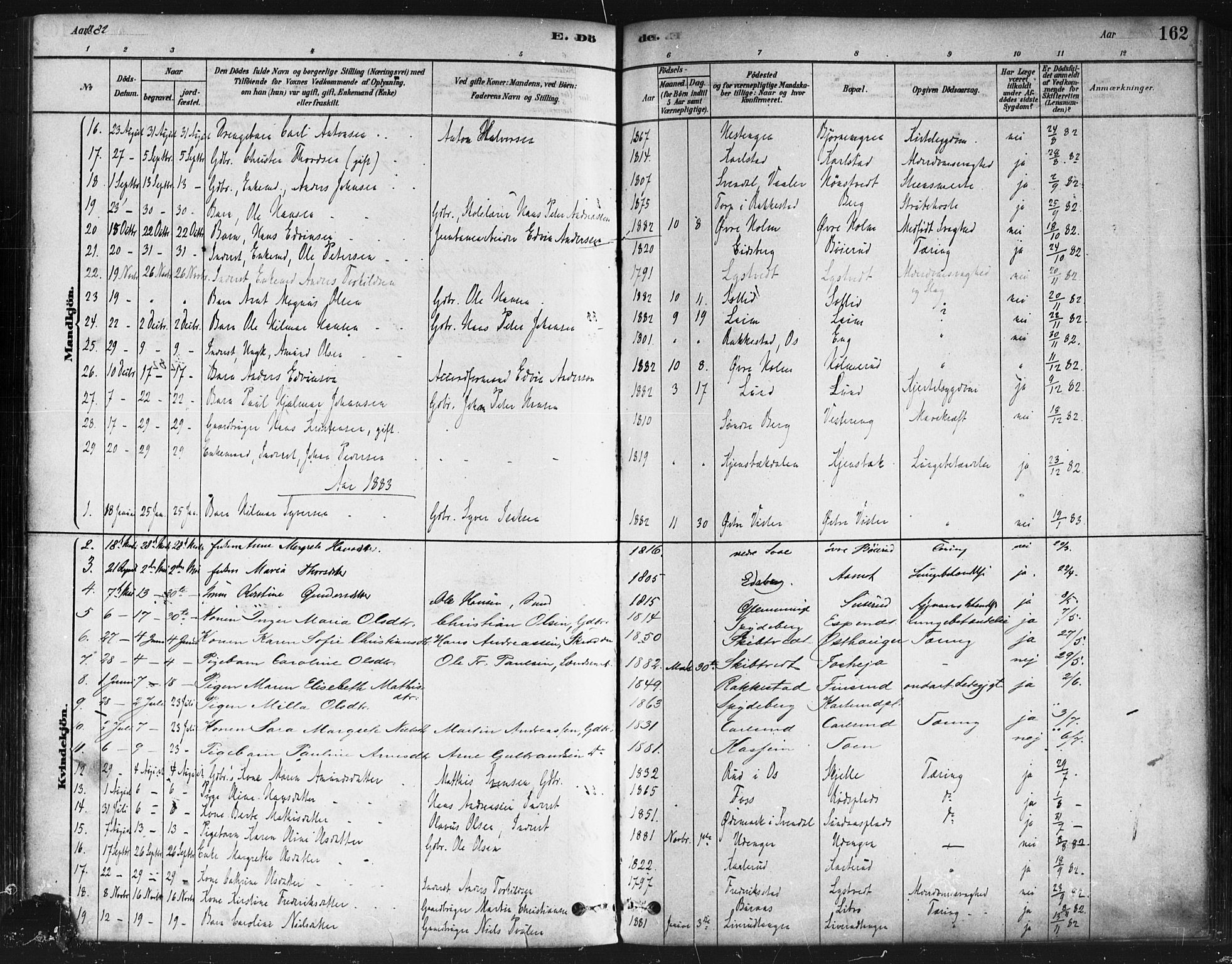 Skiptvet prestekontor Kirkebøker, AV/SAO-A-20009/F/Fa/L0009: Parish register (official) no. 9, 1878-1900, p. 162