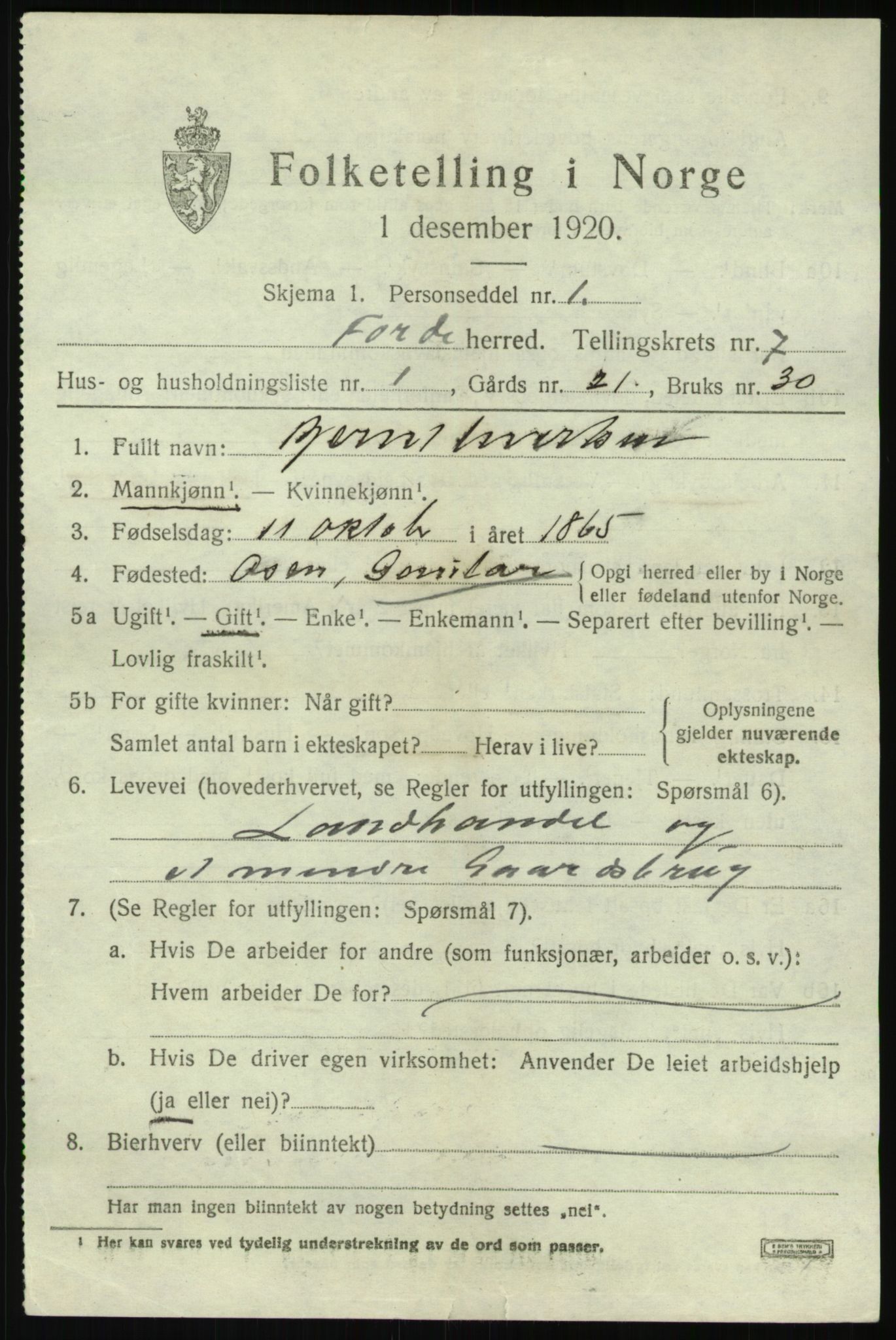 SAB, 1920 census for Førde, 1920, p. 2408