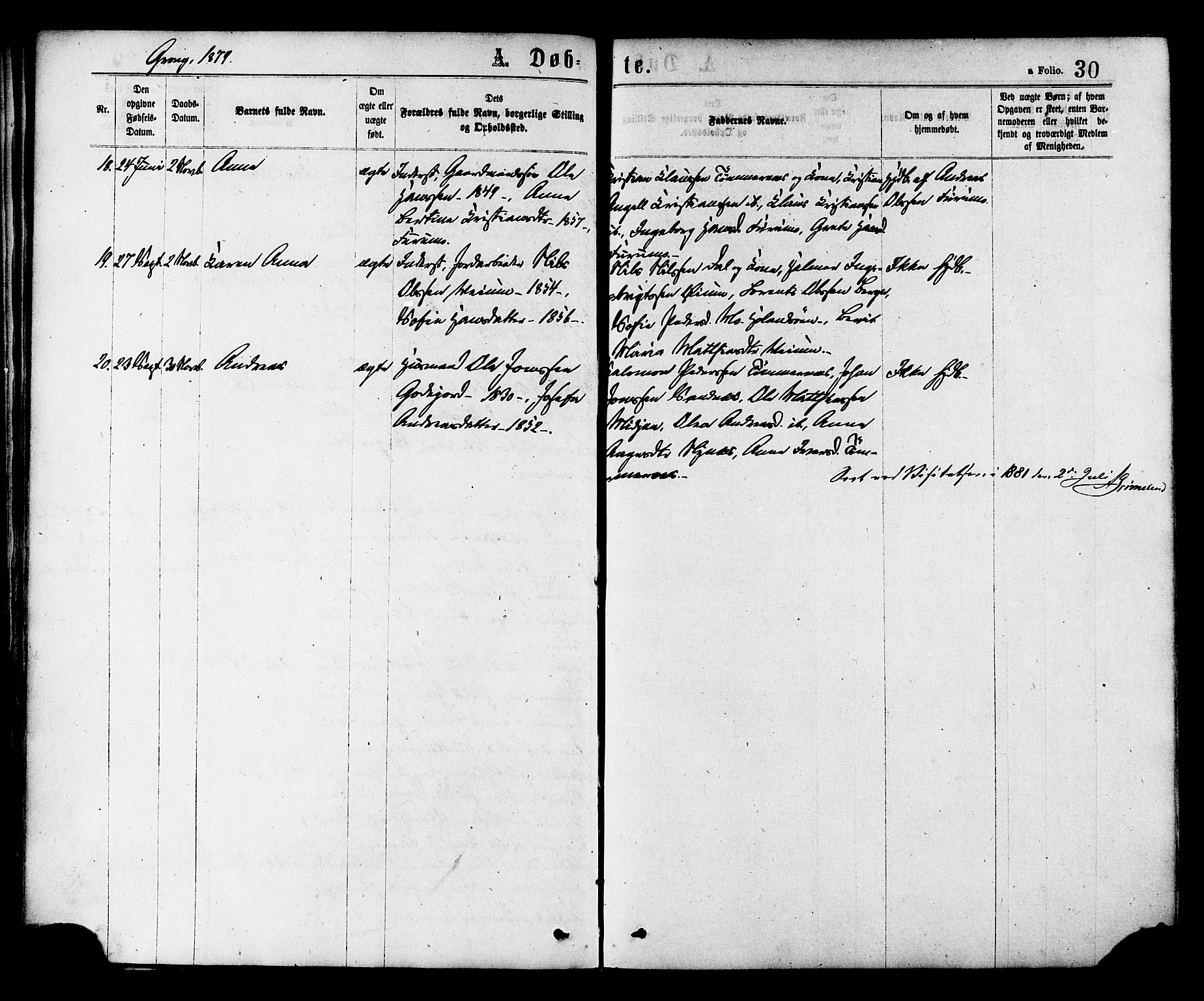 Ministerialprotokoller, klokkerbøker og fødselsregistre - Nord-Trøndelag, AV/SAT-A-1458/758/L0516: Parish register (official) no. 758A03 /1, 1869-1879, p. 30