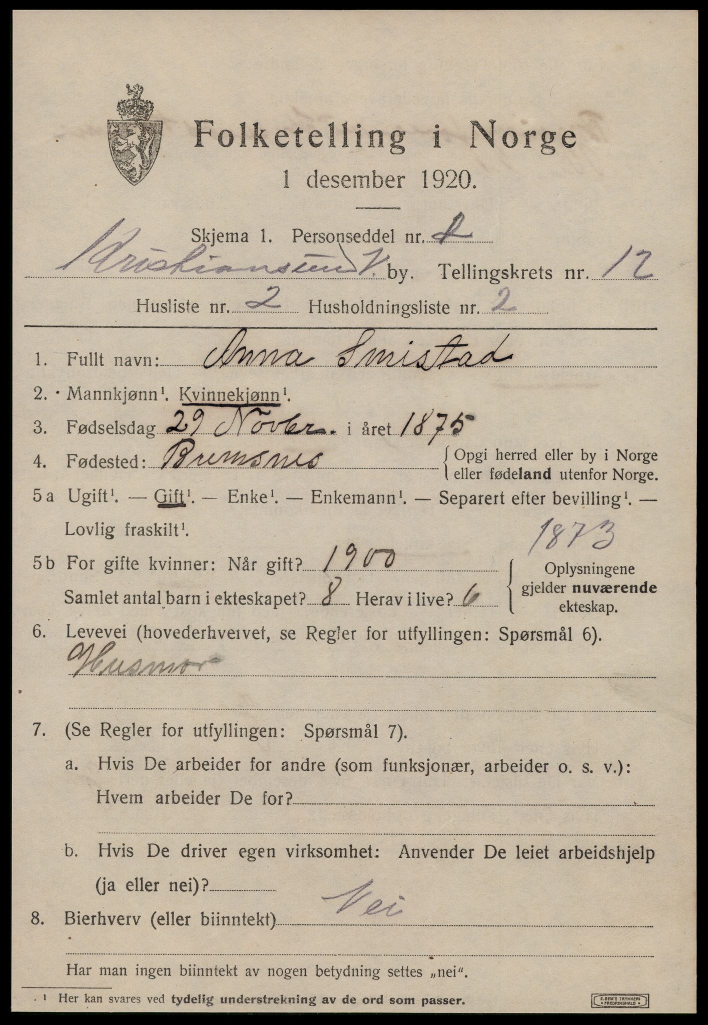 SAT, 1920 census for Kristiansund, 1920, p. 25289