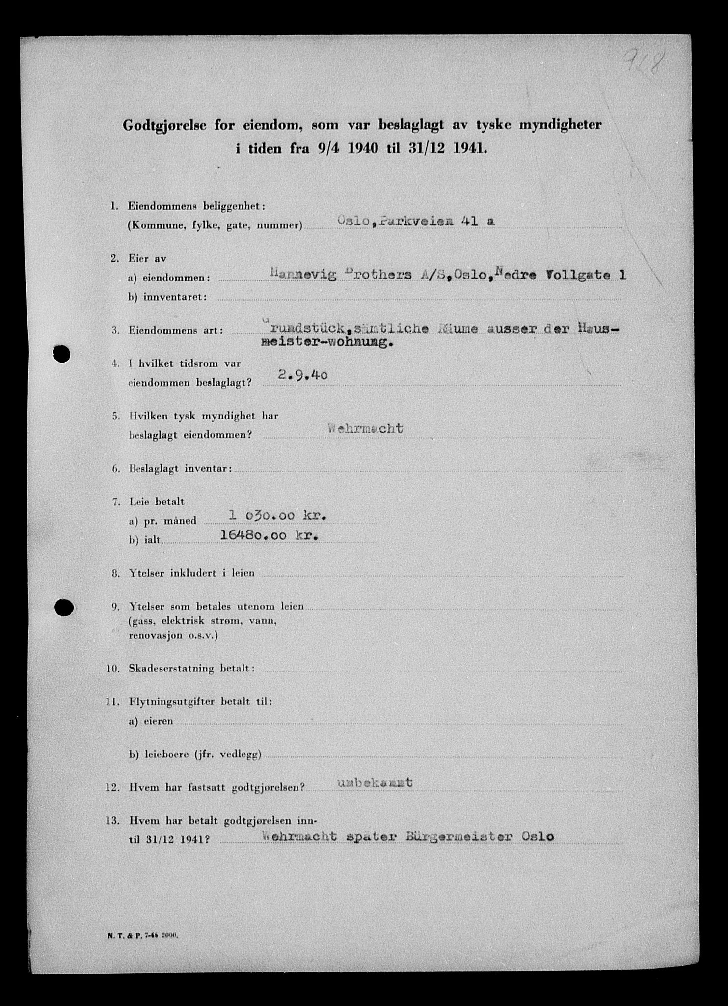 Justisdepartementet, Tilbakeføringskontoret for inndratte formuer, AV/RA-S-1564/I/L1011: Godtgjørelse for beslaglagt eiendom, 1940-1941, p. 6