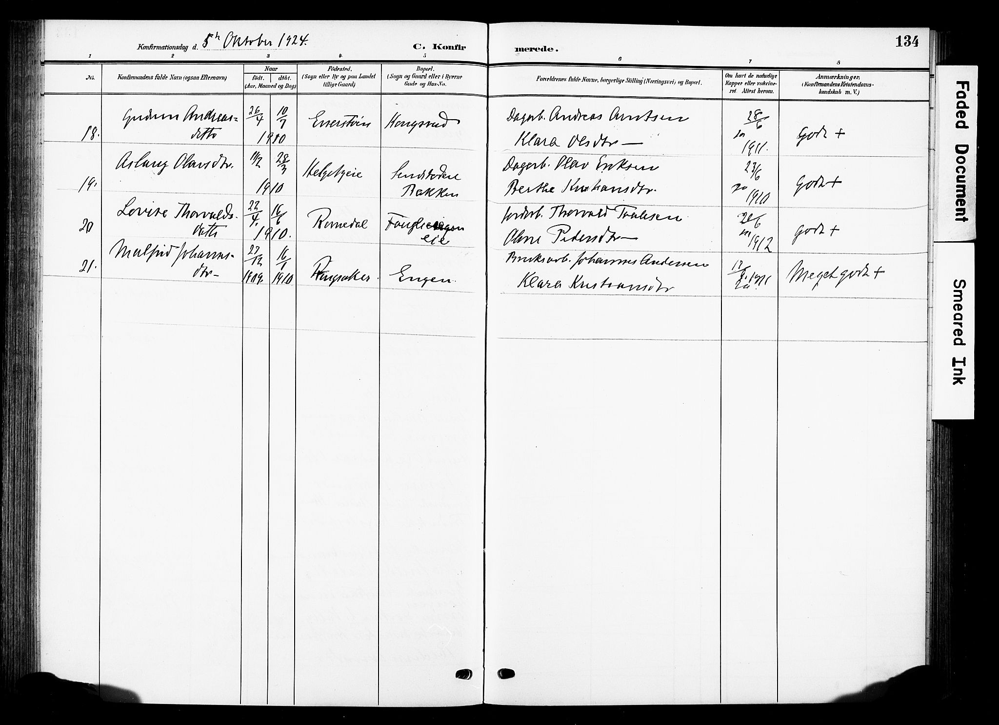 Nes prestekontor, Hedmark, SAH/PREST-020/K/Ka/L0013: Parish register (official) no. 13, 1906-1924, p. 134