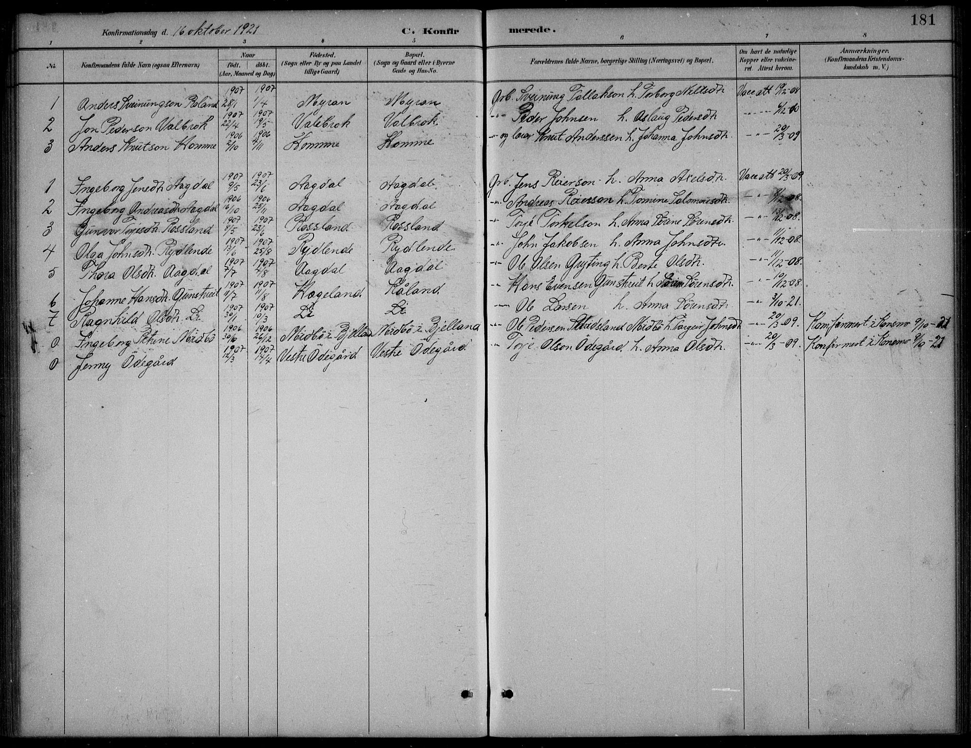 Bjelland sokneprestkontor, SAK/1111-0005/F/Fb/Fba/L0005: Parish register (copy) no. B 5, 1887-1923, p. 181