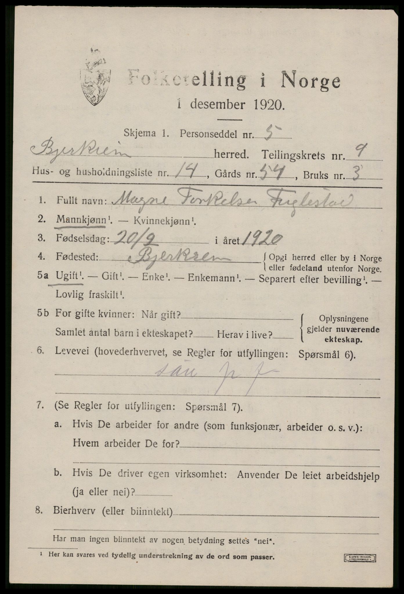 SAST, 1920 census for Bjerkreim, 1920, p. 3244