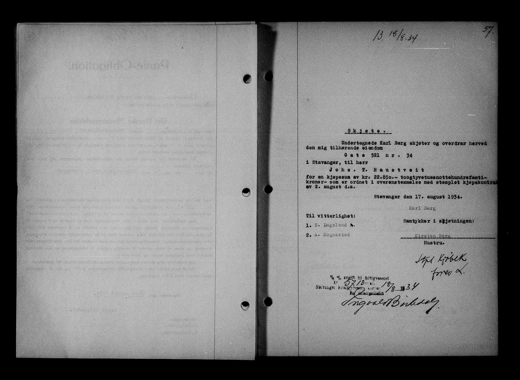 Stavanger byrett, AV/SAST-A-100455/001/4/41/410BB/L0007: Mortgage book no. 57, 1934-1934, Deed date: 18.08.1934