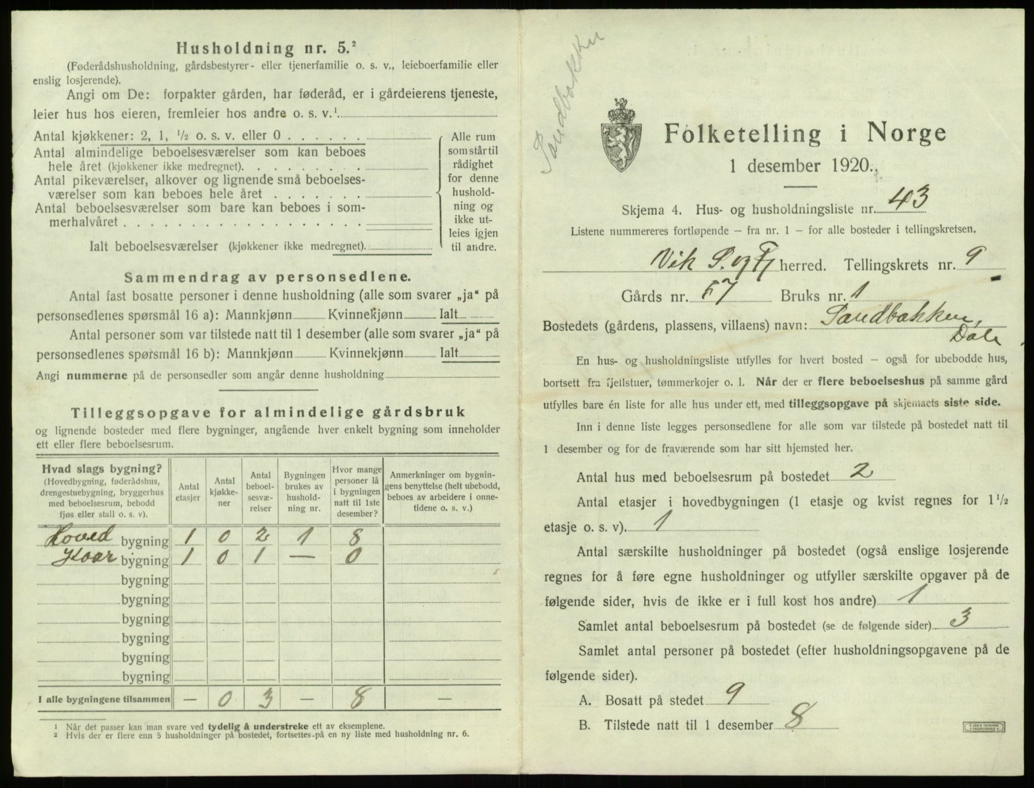 SAB, 1920 census for Vik, 1920, p. 984