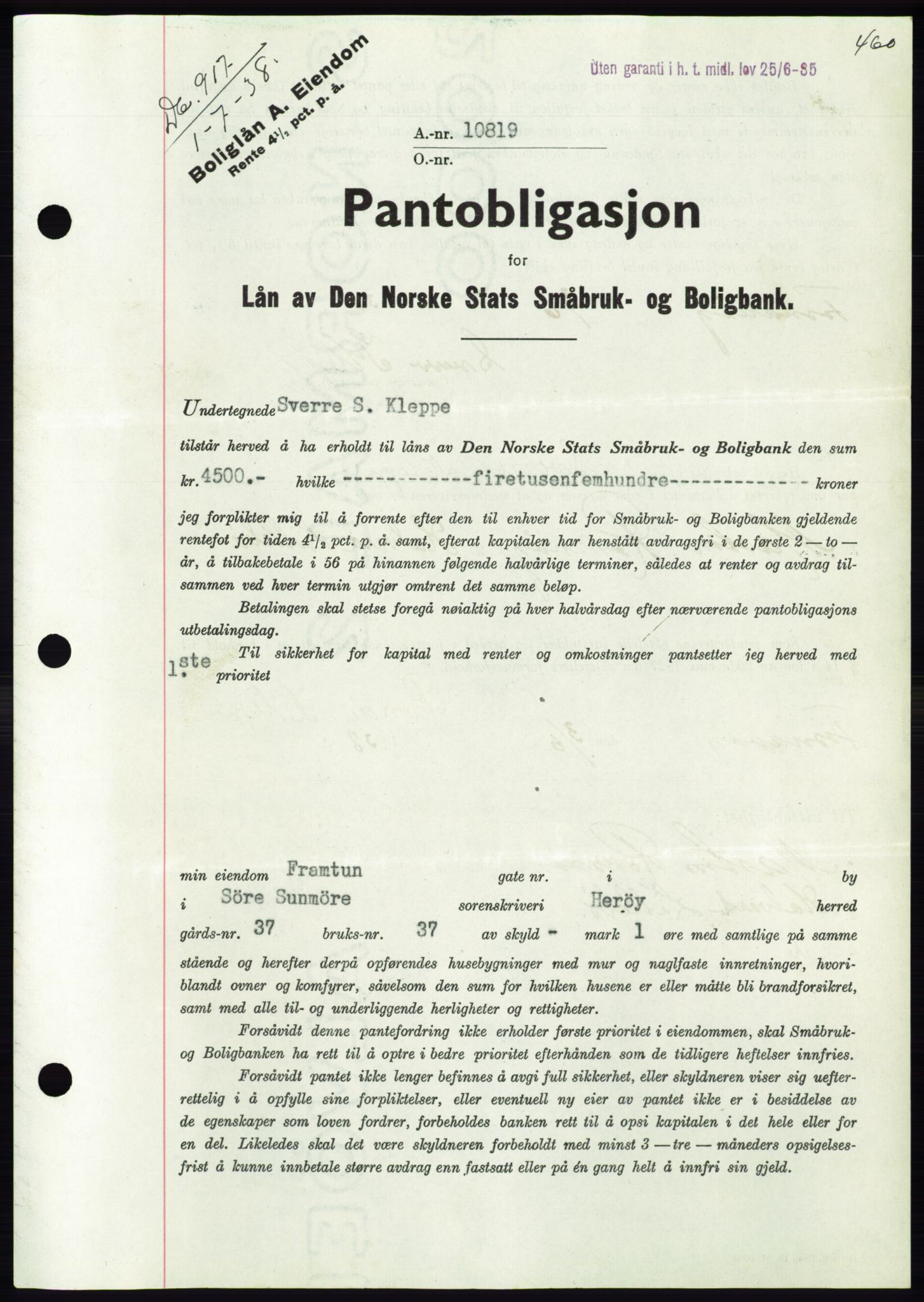 Søre Sunnmøre sorenskriveri, AV/SAT-A-4122/1/2/2C/L0065: Mortgage book no. 59, 1938-1938, Diary no: : 917/1938