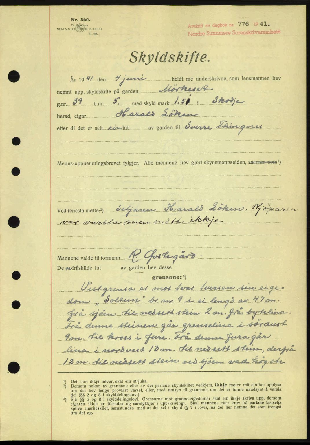 Nordre Sunnmøre sorenskriveri, AV/SAT-A-0006/1/2/2C/2Ca: Mortgage book no. A11, 1941-1941, Diary no: : 776/1941