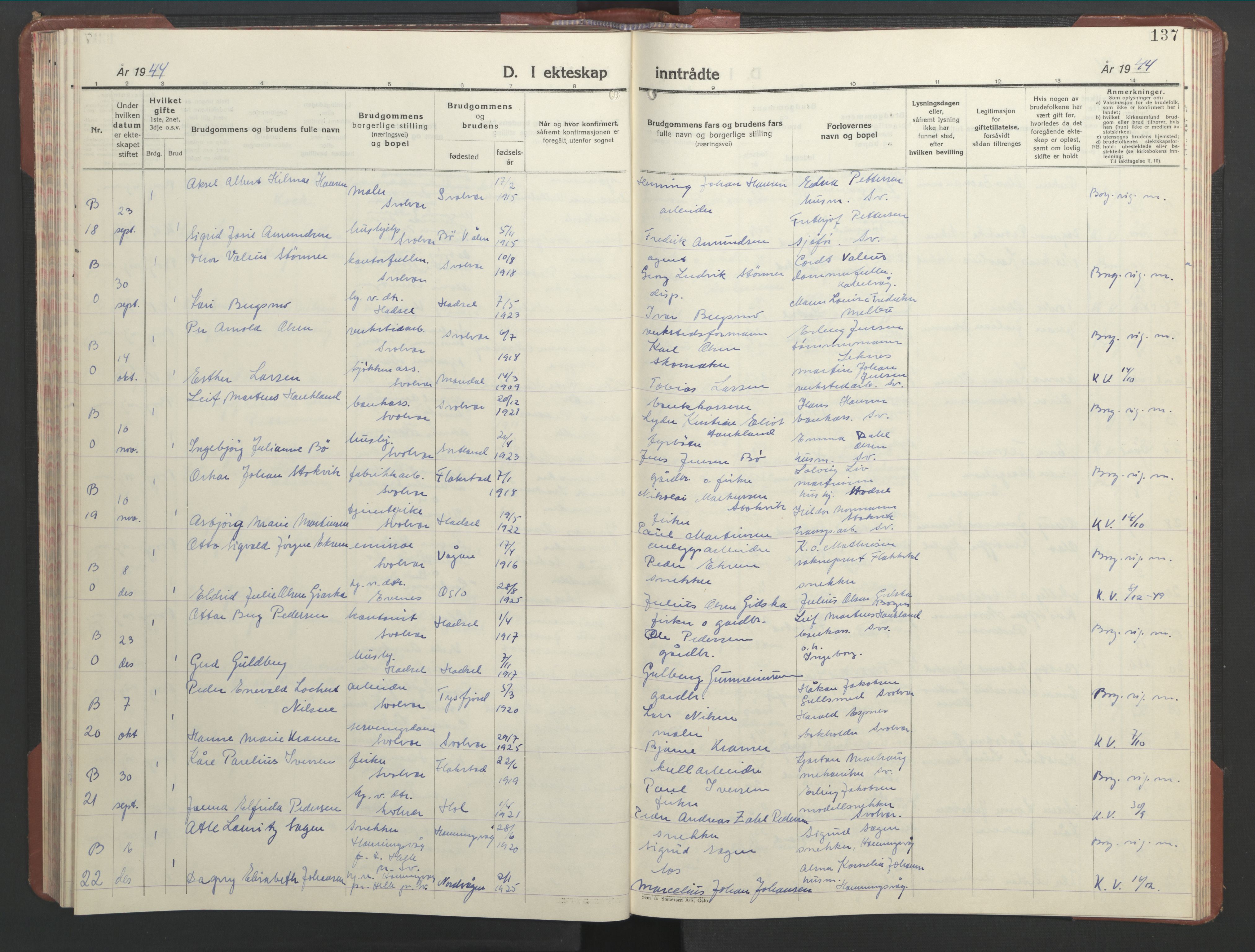 Ministerialprotokoller, klokkerbøker og fødselsregistre - Nordland, AV/SAT-A-1459/877/L1118: Parish register (copy) no. 877C02, 1939-1950, p. 137