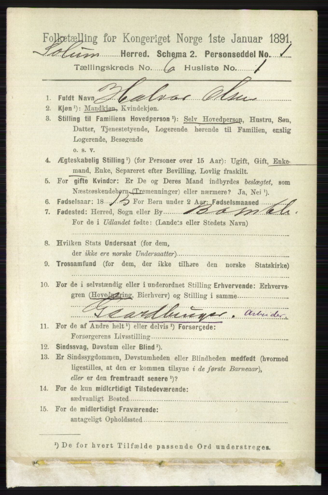 RA, 1891 census for 0818 Solum, 1891, p. 1187