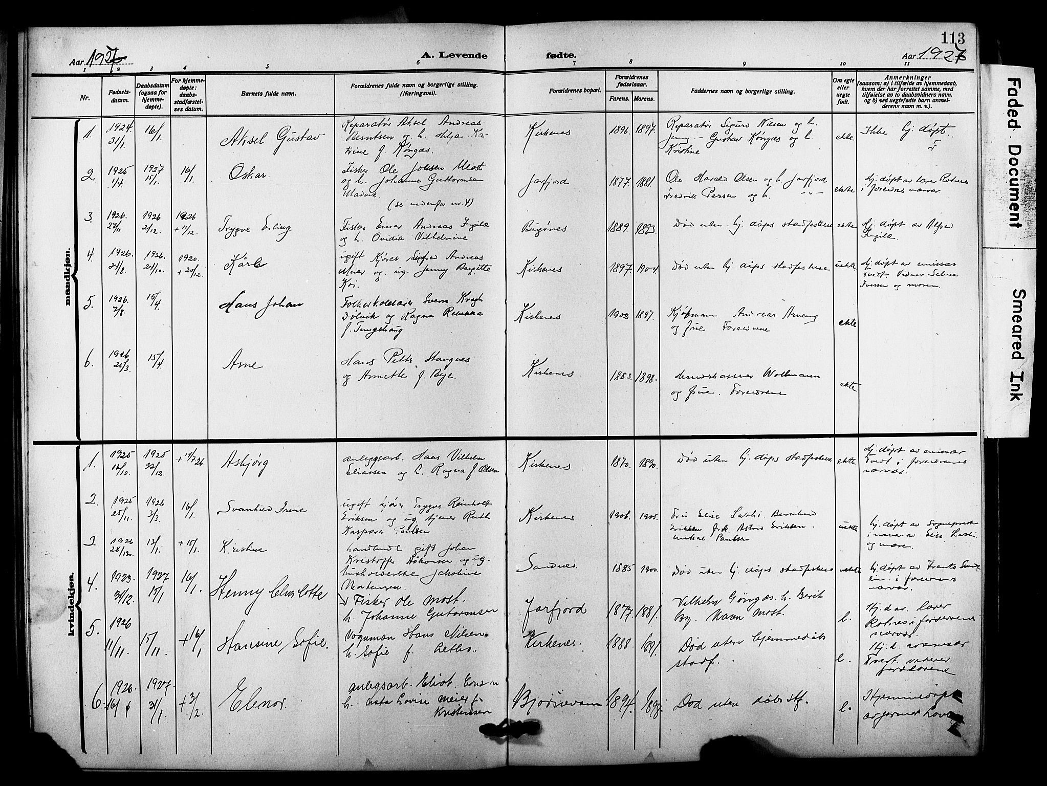 Sør-Varanger sokneprestkontor, AV/SATØ-S-1331/H/Hb/L0005klokker: Parish register (copy) no. 5, 1919-1927, p. 113