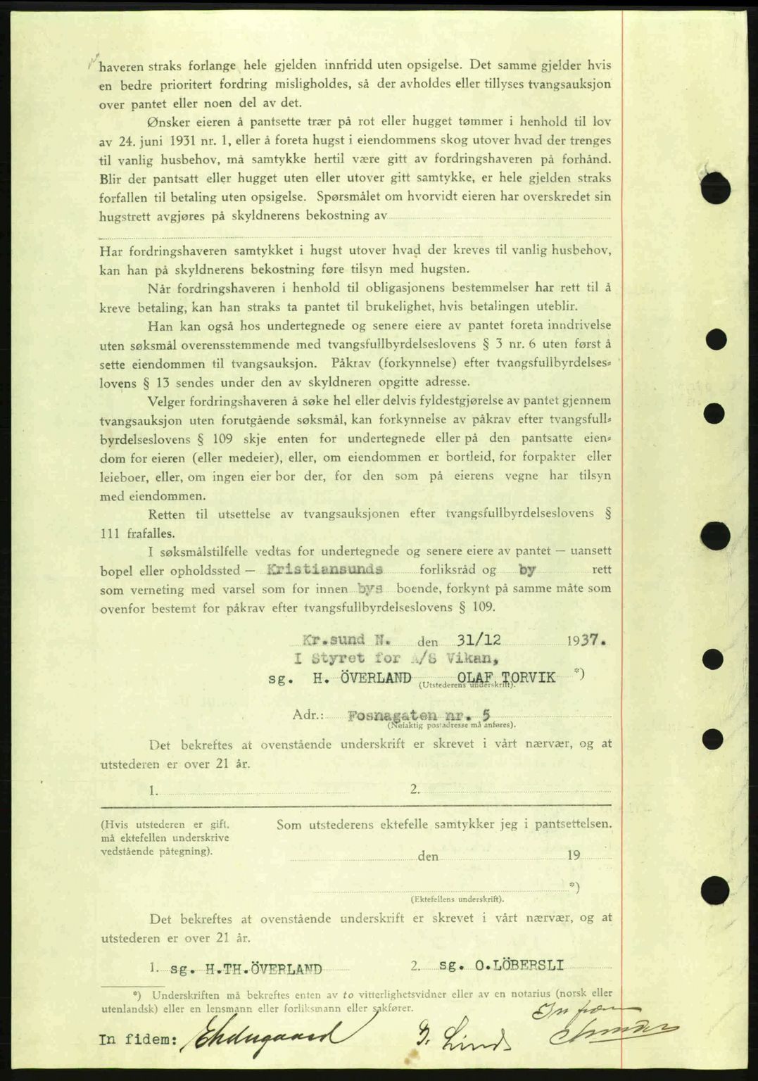 Kristiansund byfogd, SAT/A-4587/A/27: Mortgage book no. 31, 1938-1939, Diary no: : 1/1938