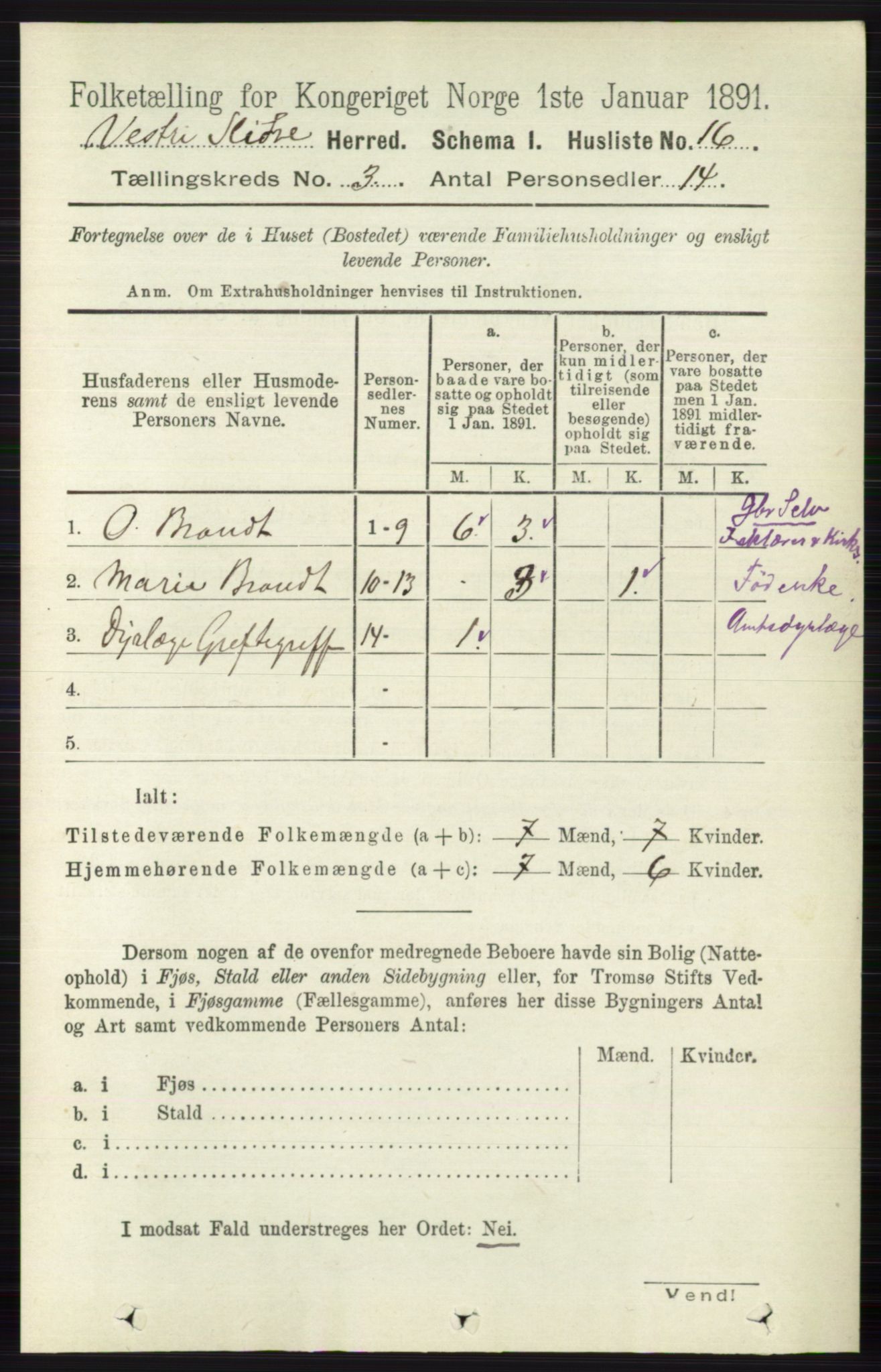 RA, 1891 census for 0543 Vestre Slidre, 1891, p. 779