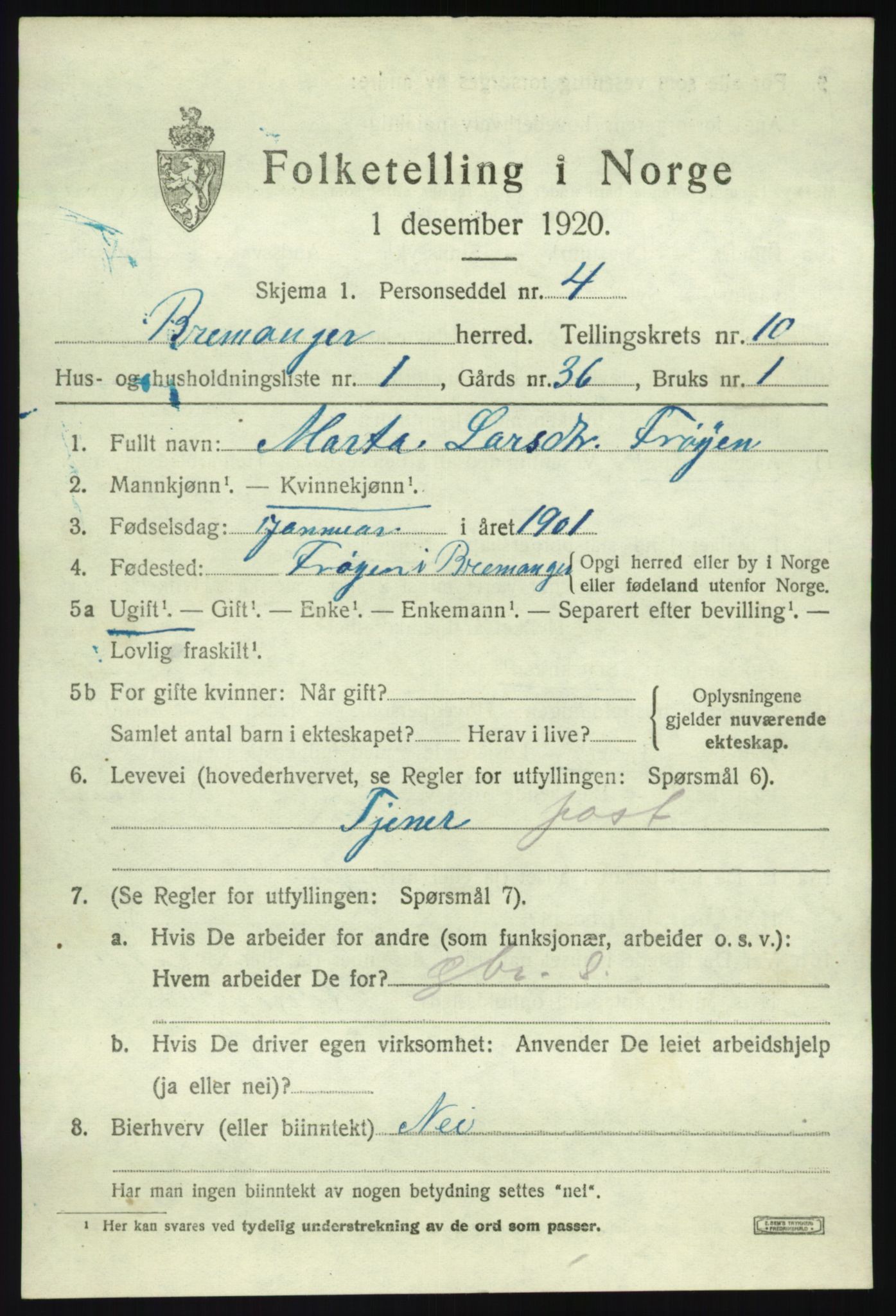 SAB, 1920 census for Bremanger, 1920, p. 5424