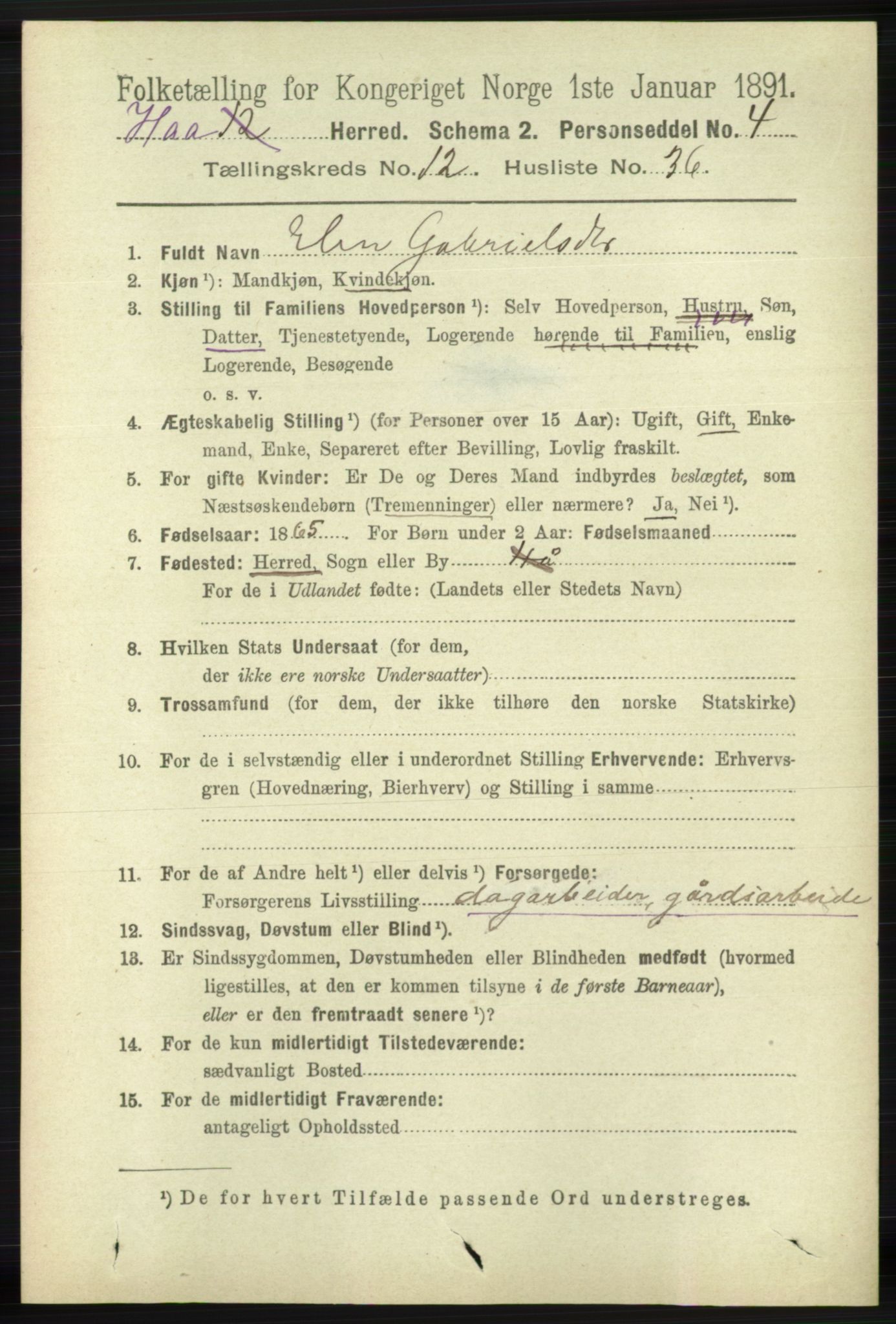 RA, 1891 census for 1119 Hå, 1891, p. 3109