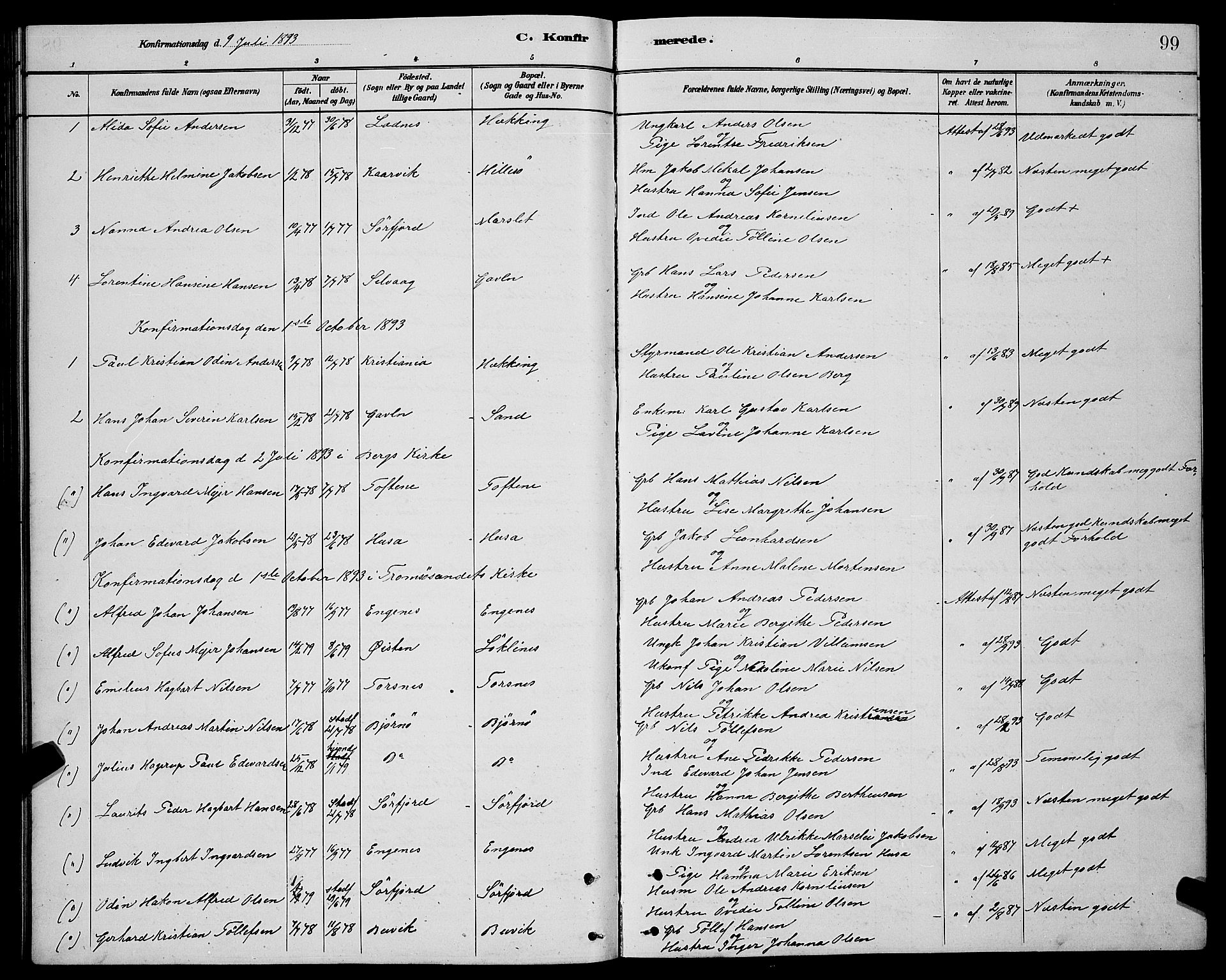 Lenvik sokneprestembete, AV/SATØ-S-1310/H/Ha/Hab/L0021klokker: Parish register (copy) no. 21, 1884-1900, p. 99