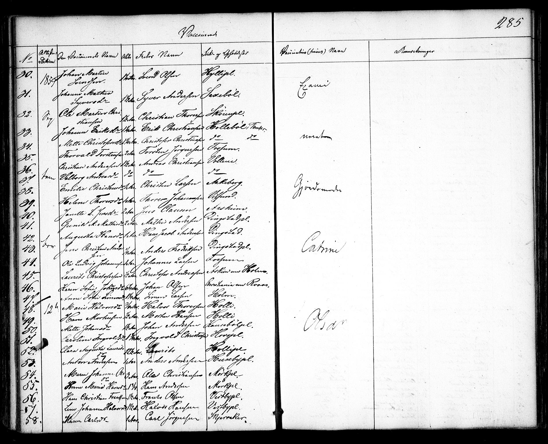 Spydeberg prestekontor Kirkebøker, AV/SAO-A-10924/F/Fa/L0005: Parish register (official) no. I 5, 1842-1862, p. 285