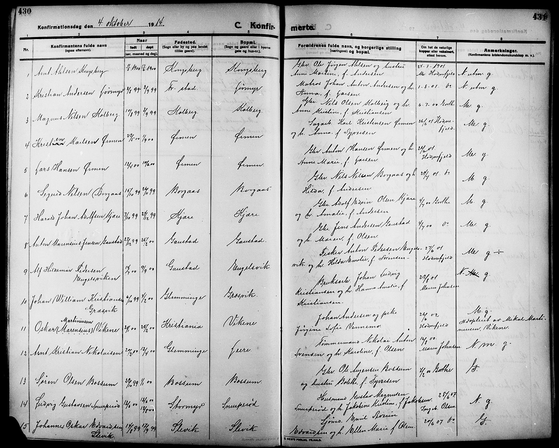 Onsøy prestekontor Kirkebøker, SAO/A-10914/G/Ga/L0003: Parish register (copy) no. I 3, 1910-1926, p. 430-431