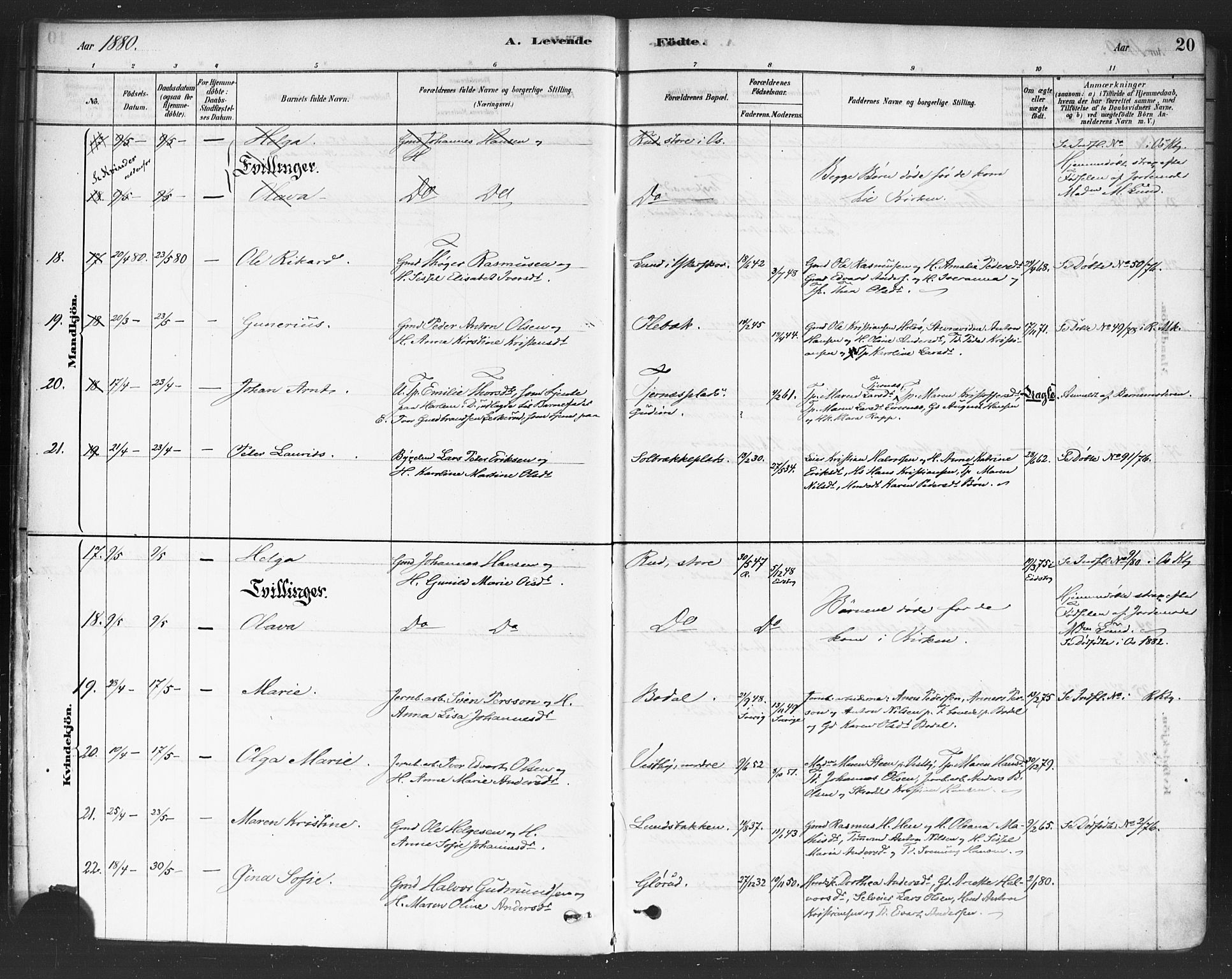 Rakkestad prestekontor Kirkebøker, AV/SAO-A-2008/F/Fa/L0012: Parish register (official) no. I 12, 1878-1893, p. 20