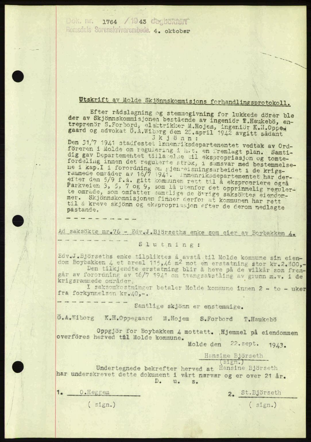 Romsdal sorenskriveri, AV/SAT-A-4149/1/2/2C: Mortgage book no. A15, 1943-1944, Diary no: : 1764/1943