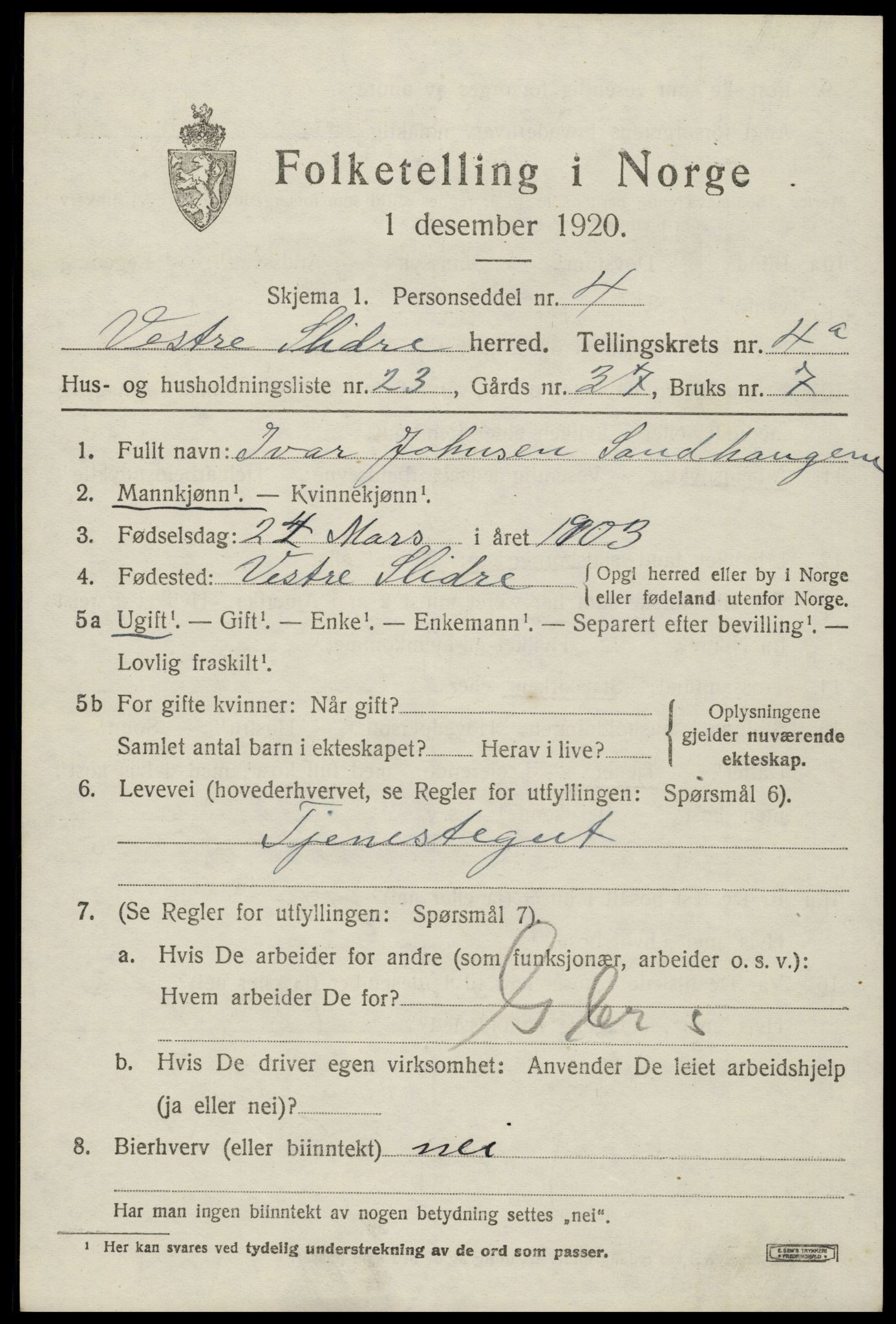 SAH, 1920 census for Vestre Slidre, 1920, p. 2270