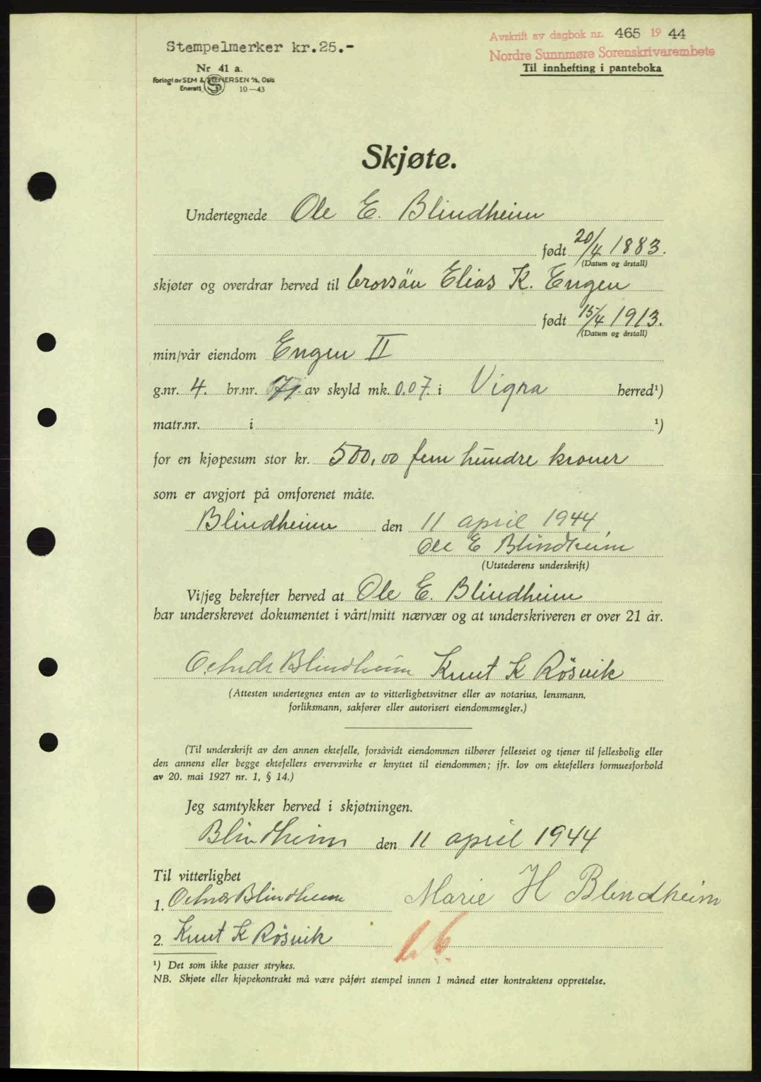 Nordre Sunnmøre sorenskriveri, AV/SAT-A-0006/1/2/2C/2Ca: Mortgage book no. A17, 1943-1944, Diary no: : 465/1944