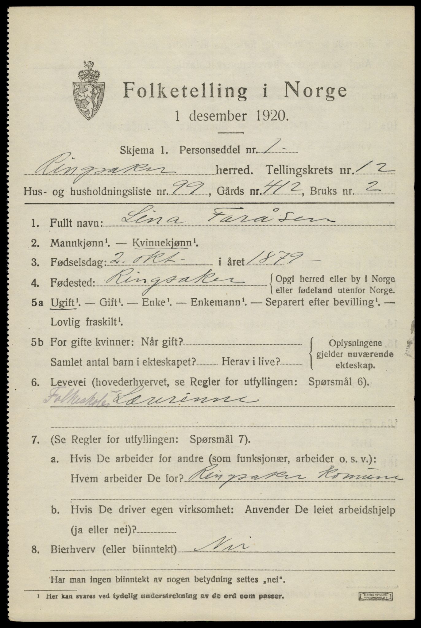 SAH, 1920 census for Ringsaker, 1920, p. 20600